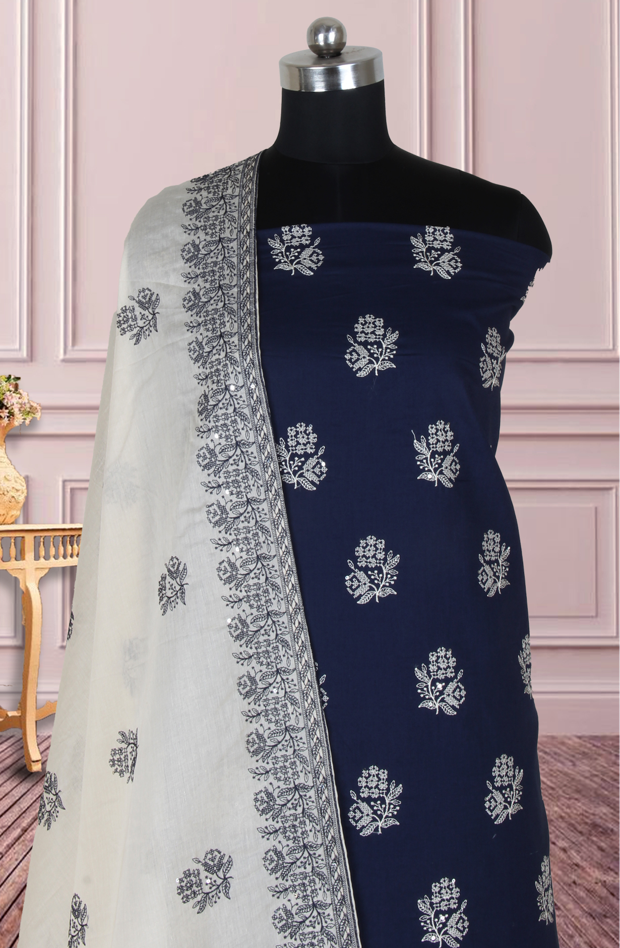 Blue Cotton Unstitched Embroidered Suit with Trendy Dupatta - 838-1480-2A
