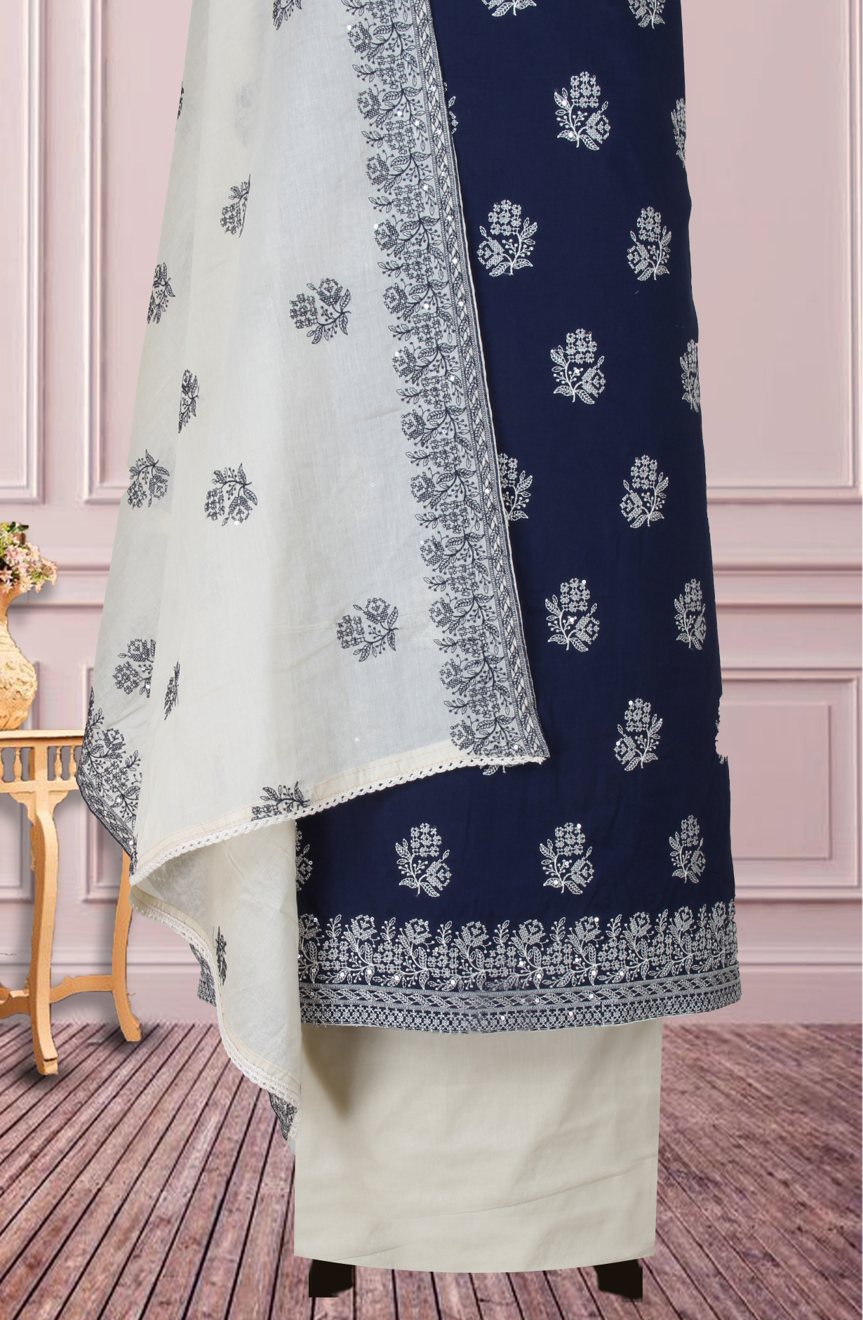 Blue Cotton Unstitched Embroidered Suit with Trendy Dupatta - 838-1480-2A