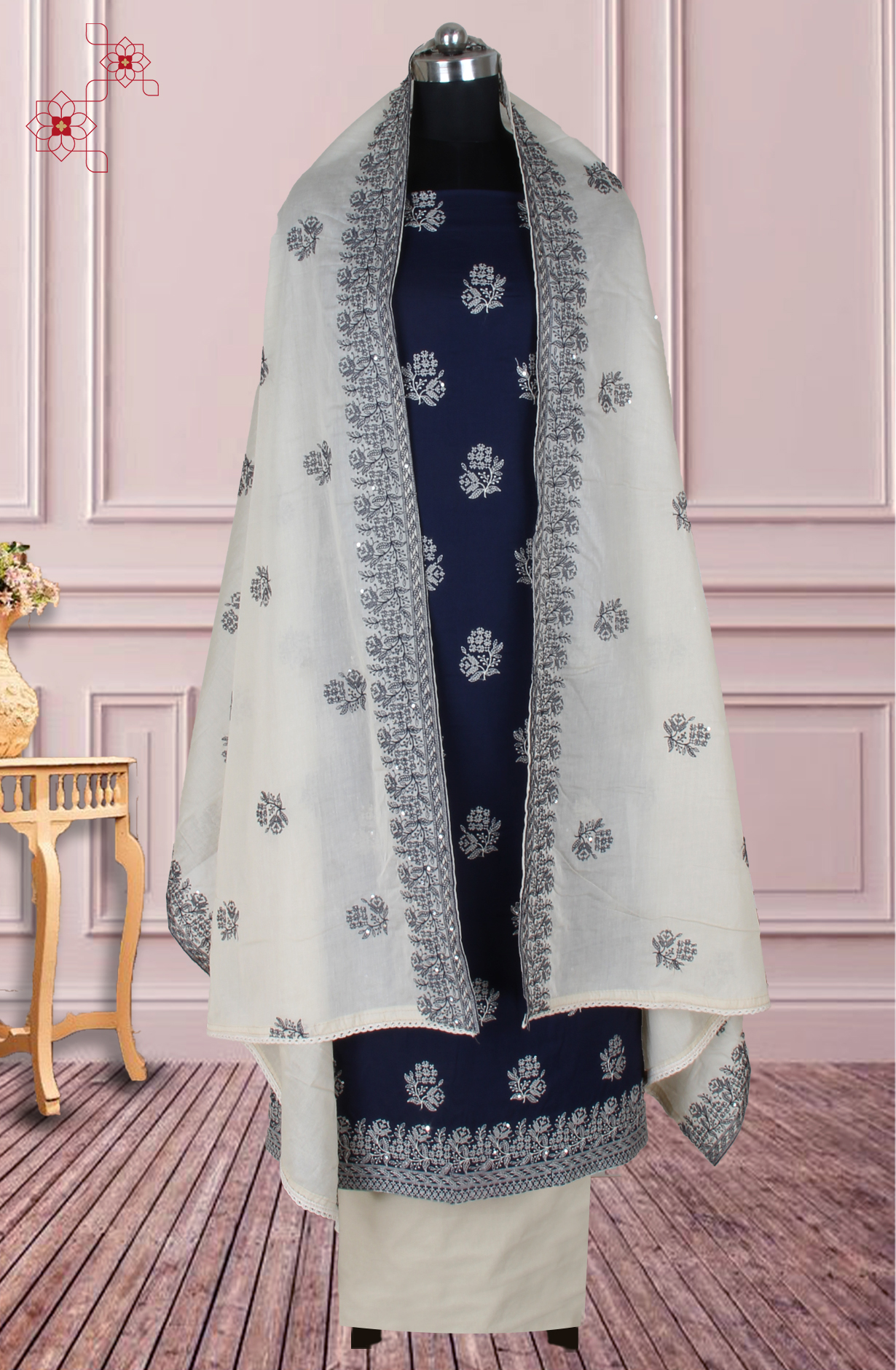 Blue Cotton Unstitched Embroidered Suit with Trendy Dupatta - 838-1480-2A
