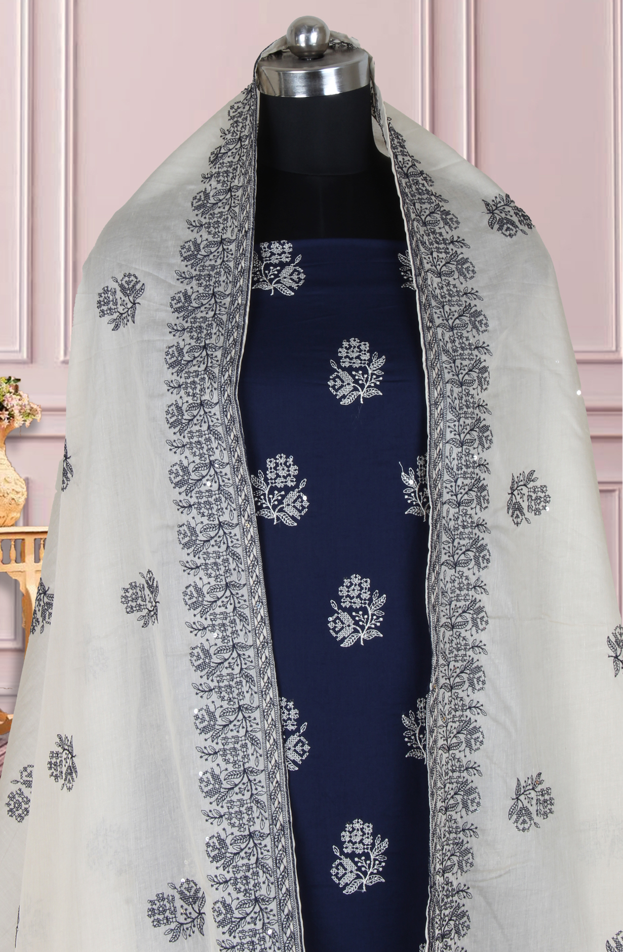 Blue Cotton Unstitched Embroidered Suit with Trendy Dupatta - 838-1480-2A