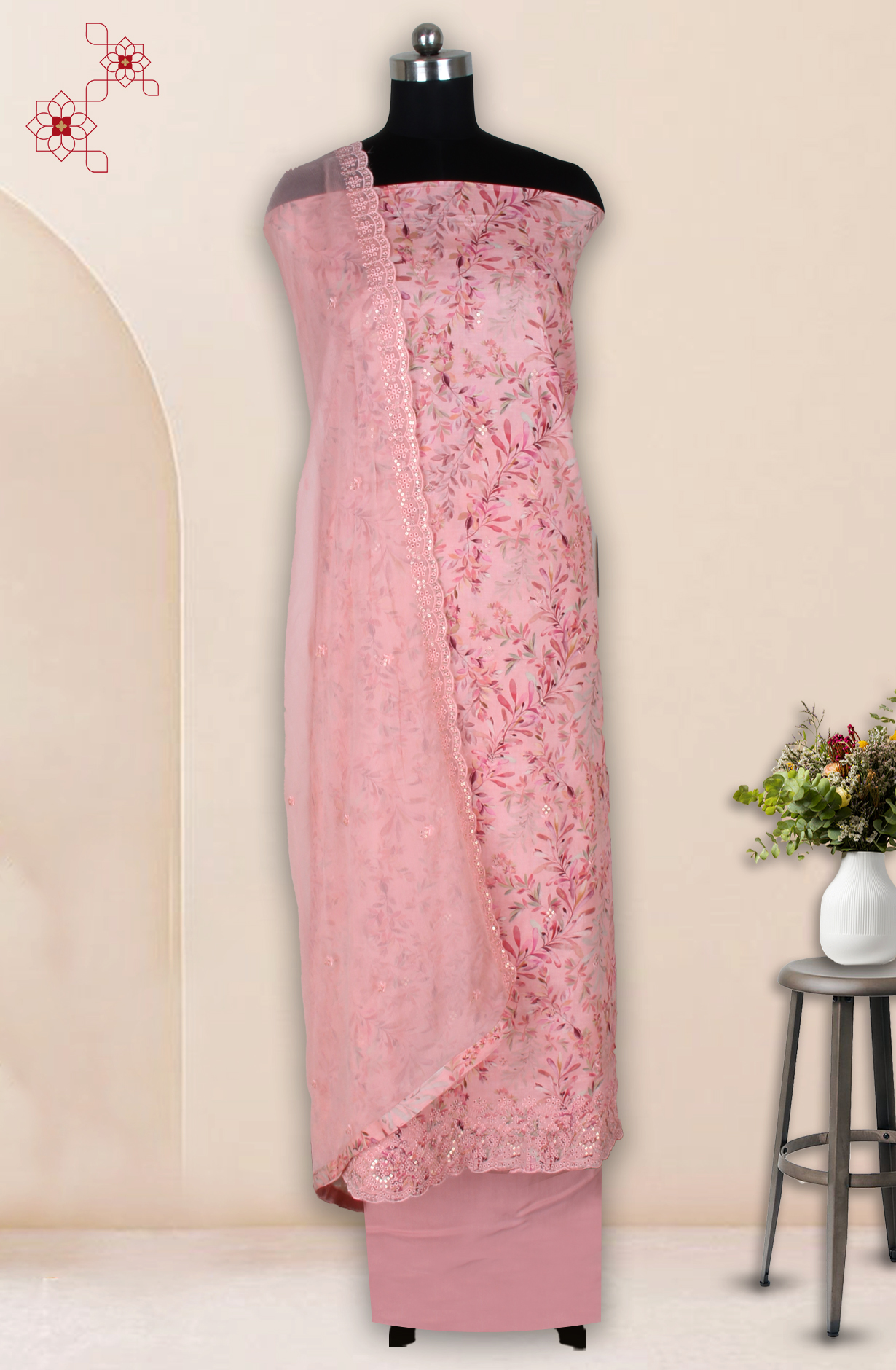 Pink Cotton Digital Printed with Embroidery Unstitched Suit with Chiffon Dupatta - 838-1520