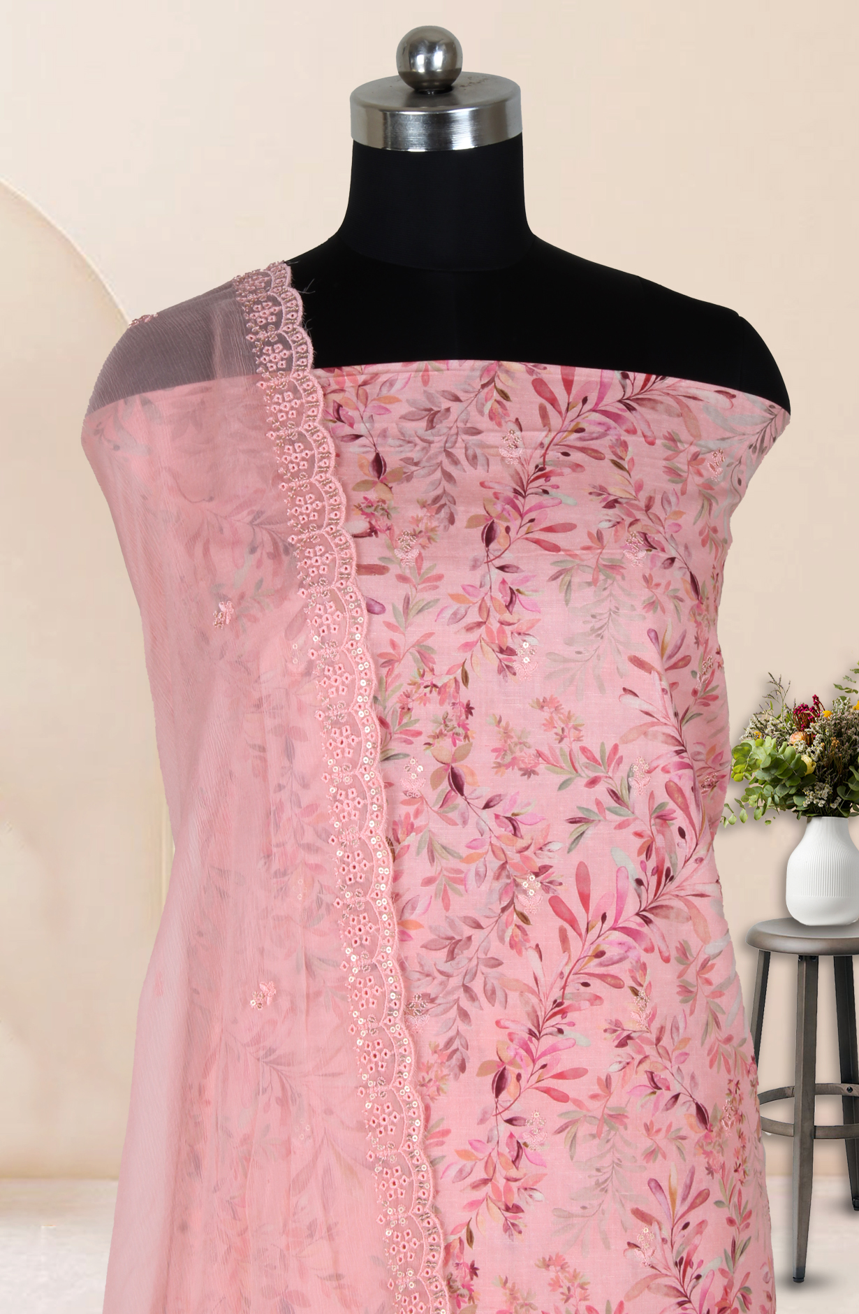 Pink Cotton Digital Printed with Embroidery Unstitched Suit with Chiffon Dupatta - 838-1520