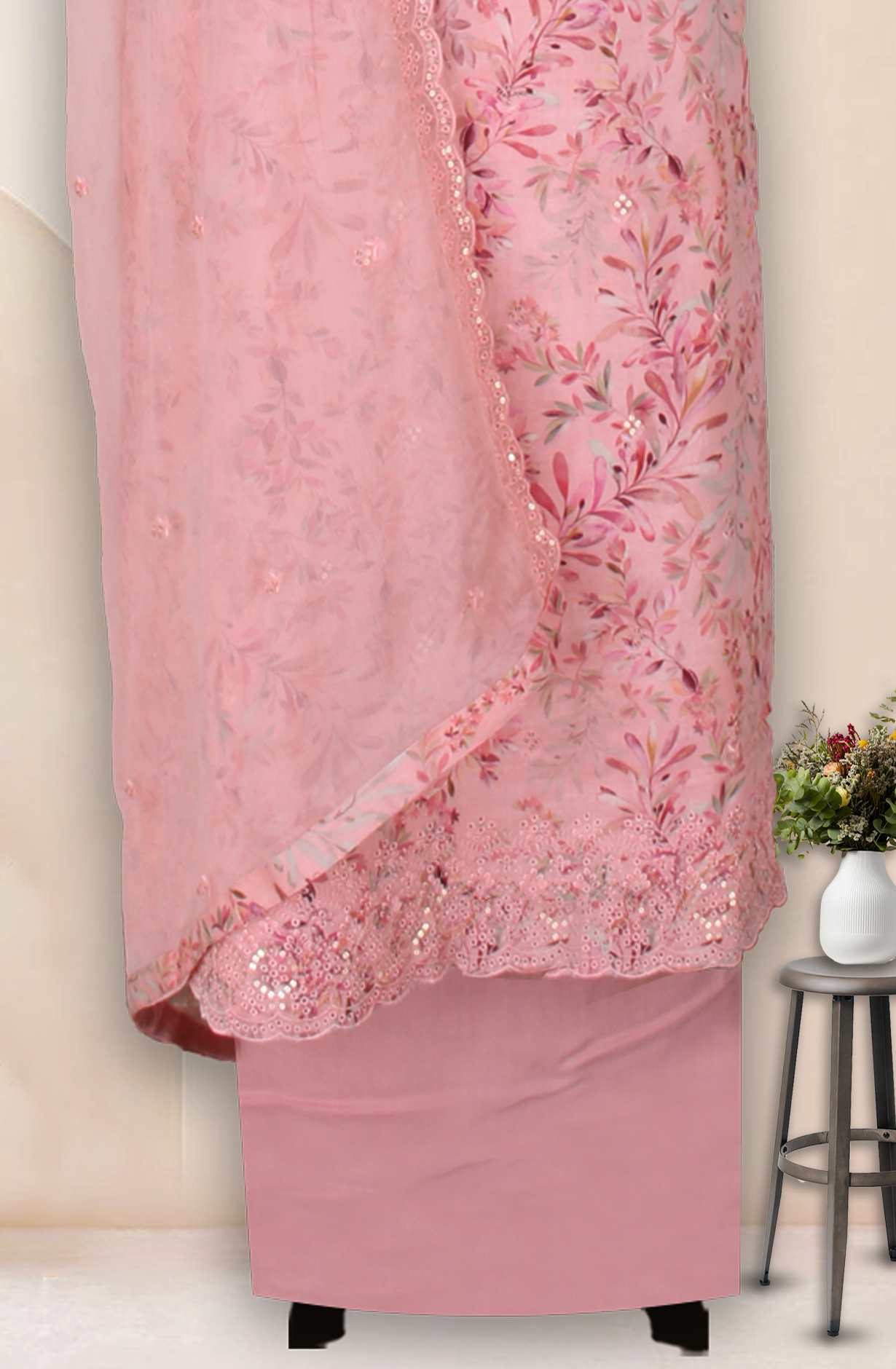 Pink Cotton Digital Printed with Embroidery Unstitched Suit with Chiffon Dupatta - 838-1520