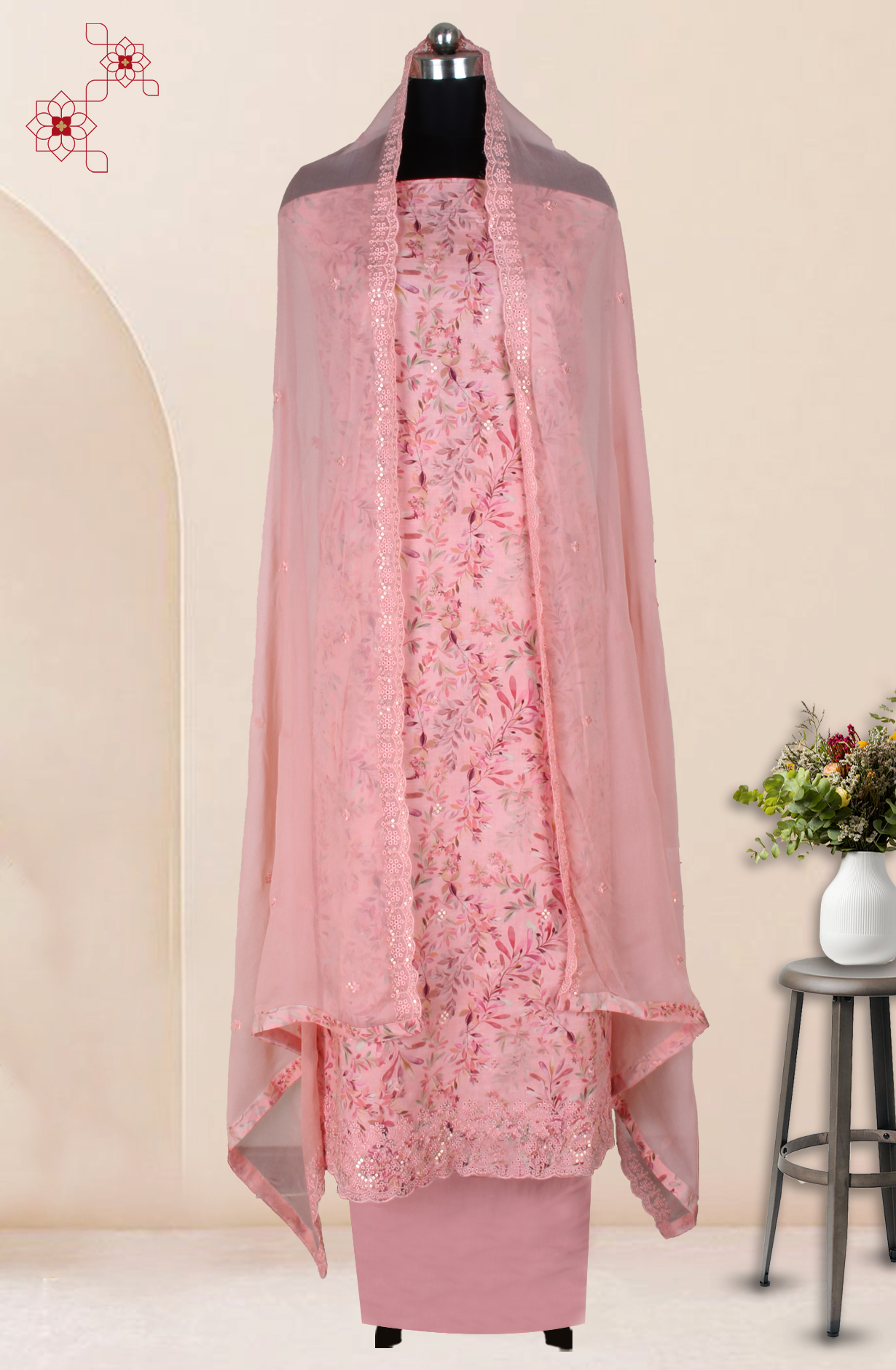 Pink Cotton Digital Printed with Embroidery Unstitched Suit with Chiffon Dupatta - 838-1520