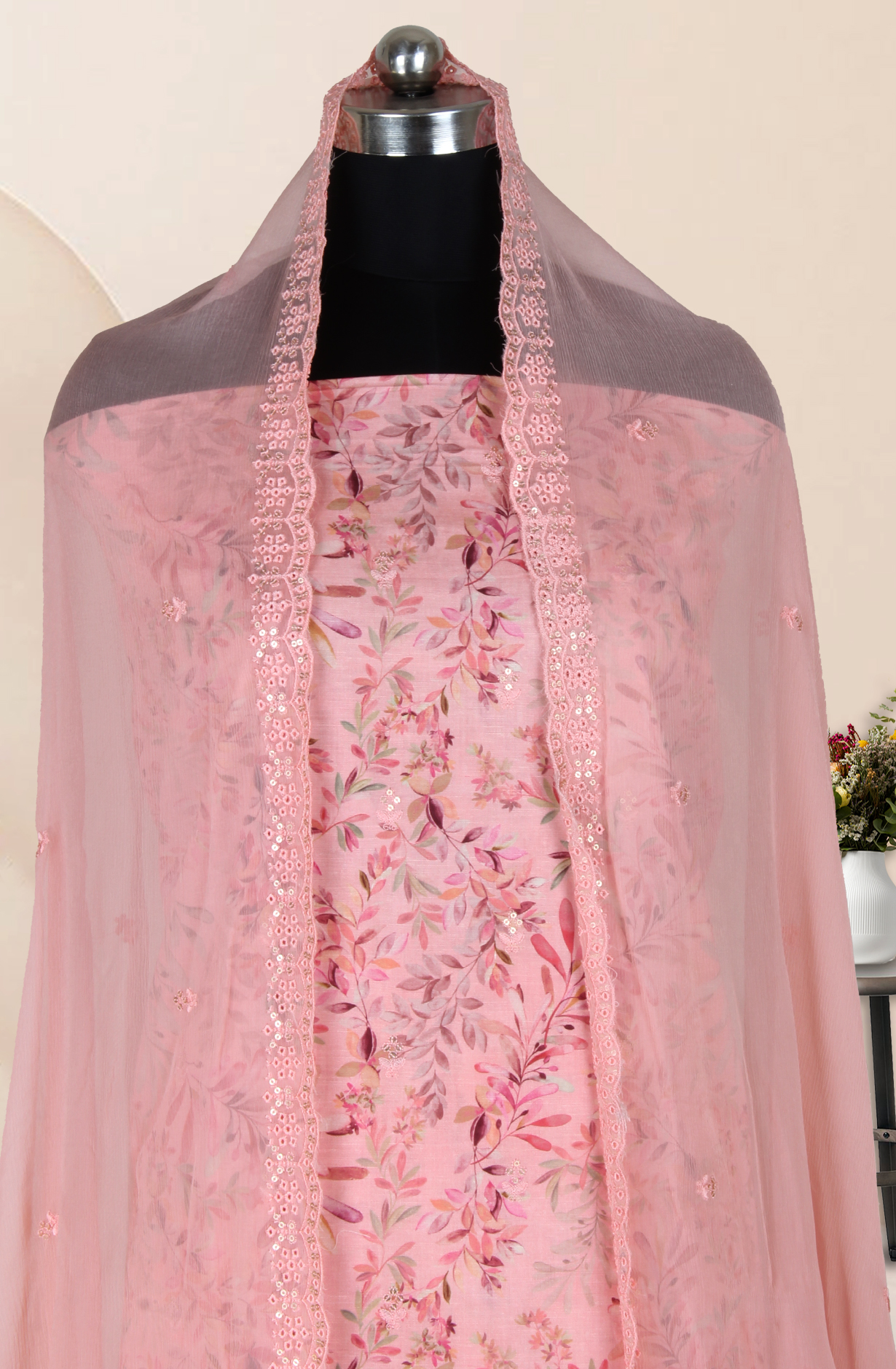 Pink Cotton Digital Printed with Embroidery Unstitched Suit with Chiffon Dupatta - 838-1520