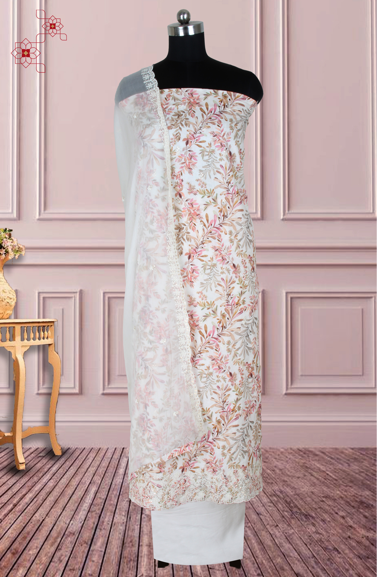 Cream Cotton Digital Printed with Embroidery Unstitched Suit Set with Chiffon Dupatta - 838-1520B