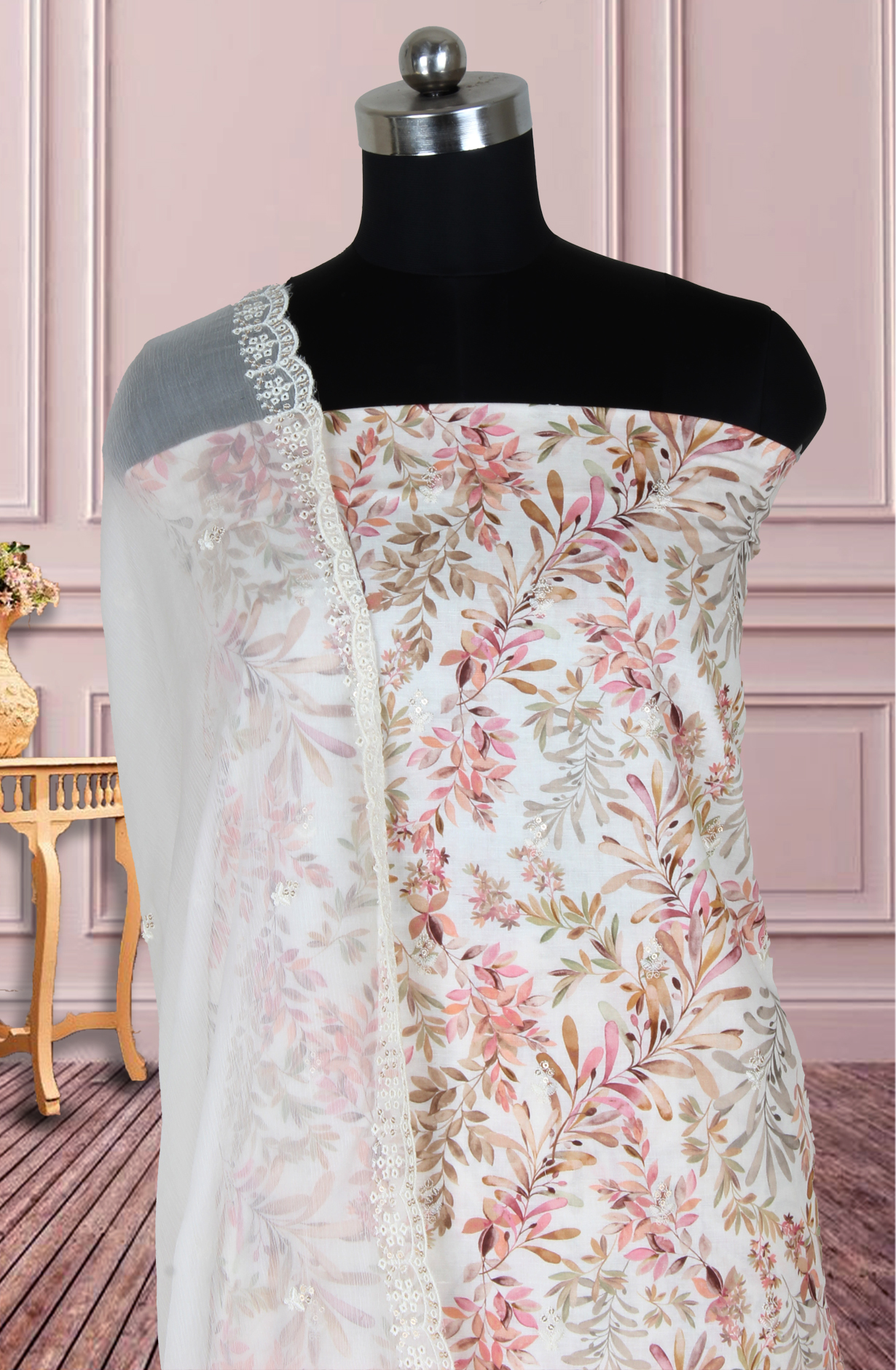 Cream Cotton Digital Printed with Embroidery Unstitched Suit Set with Chiffon Dupatta - 838-1520B