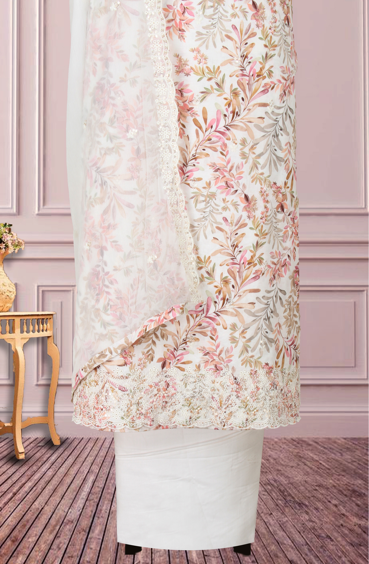 Cream Cotton Digital Printed with Embroidery Unstitched Suit Set with Chiffon Dupatta - 838-1520B