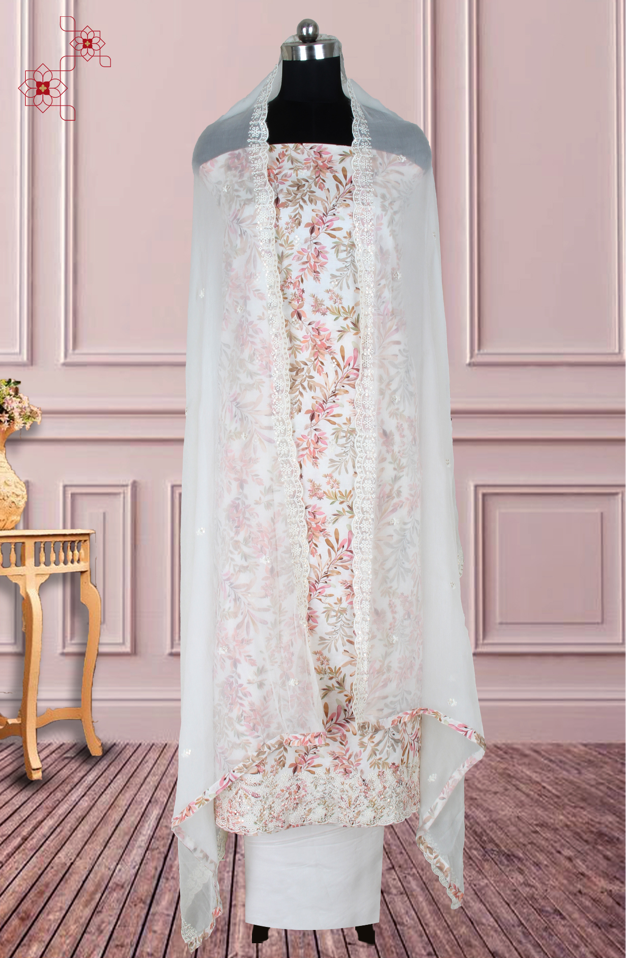 Cream Cotton Digital Printed with Embroidery Unstitched Suit Set with Chiffon Dupatta - 838-1520B