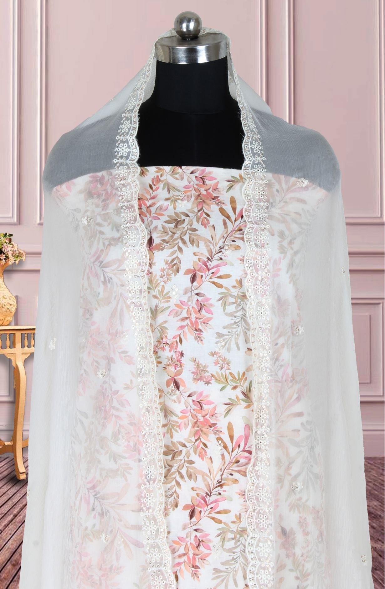 Cream Cotton Digital Printed with Embroidery Unstitched Suit Set with Chiffon Dupatta - 838-1520B