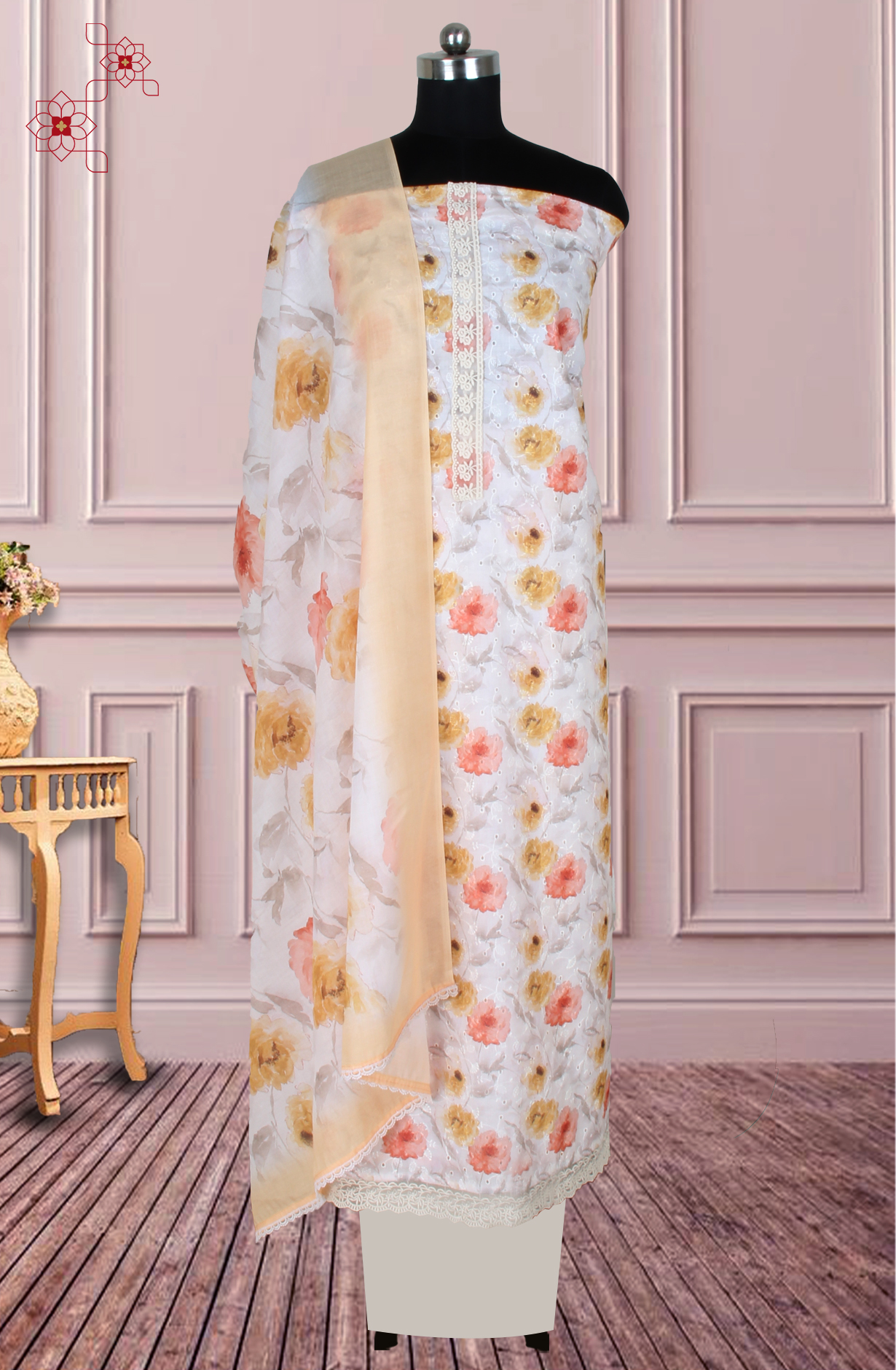 Fawn and Multi Cotton Printed Unstitched Salwar Suit with Embroidery - 838-1548C