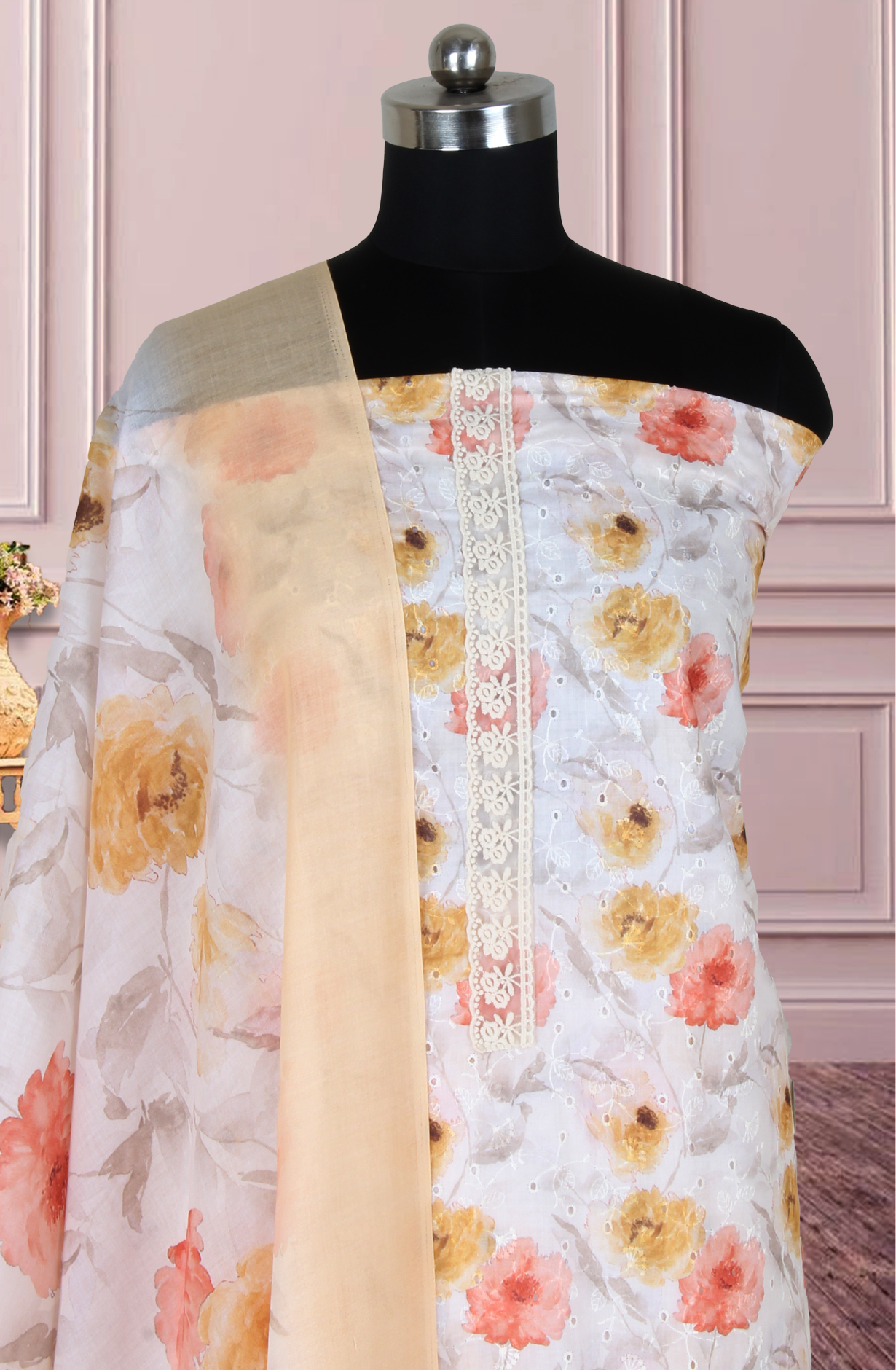 Fawn and Multi Cotton Printed Unstitched Salwar Suit with Embroidery - 838-1548C