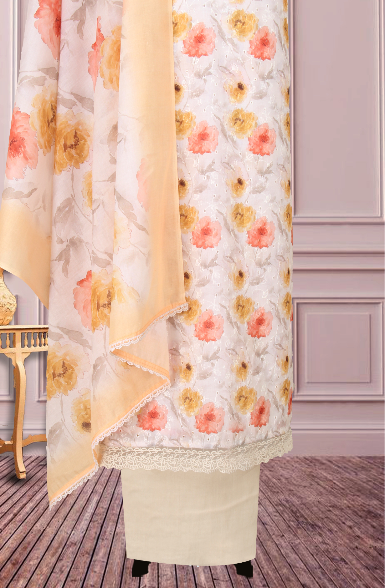 Fawn and Multi Cotton Printed Unstitched Salwar Suit with Embroidery - 838-1548C