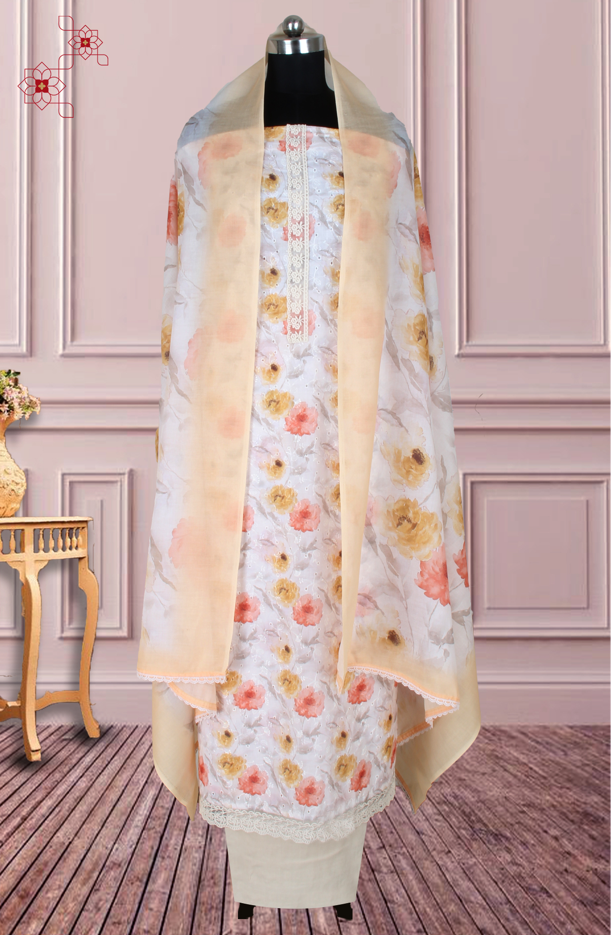 Fawn and Multi Cotton Printed Unstitched Salwar Suit with Embroidery - 838-1548C