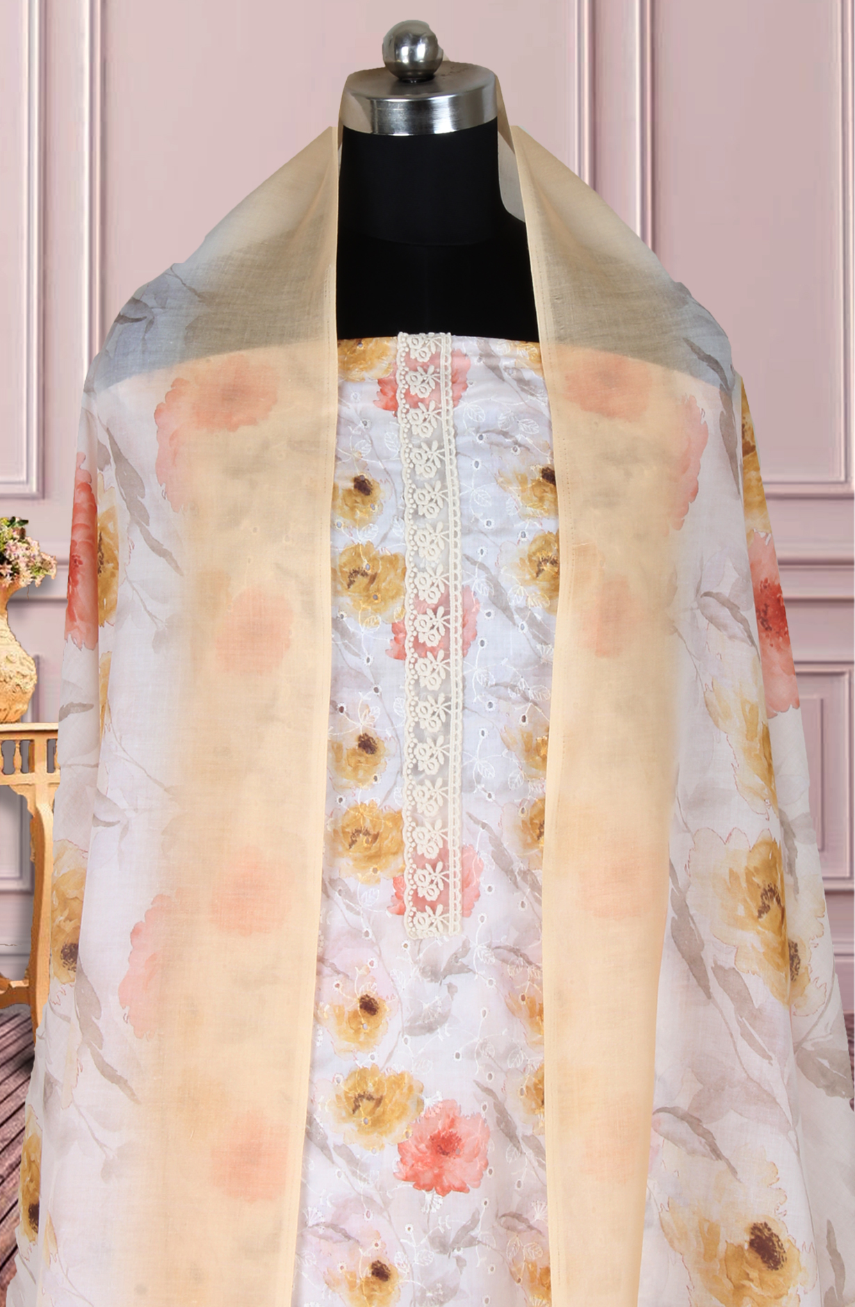 Fawn and Multi Cotton Printed Unstitched Salwar Suit with Embroidery - 838-1548C