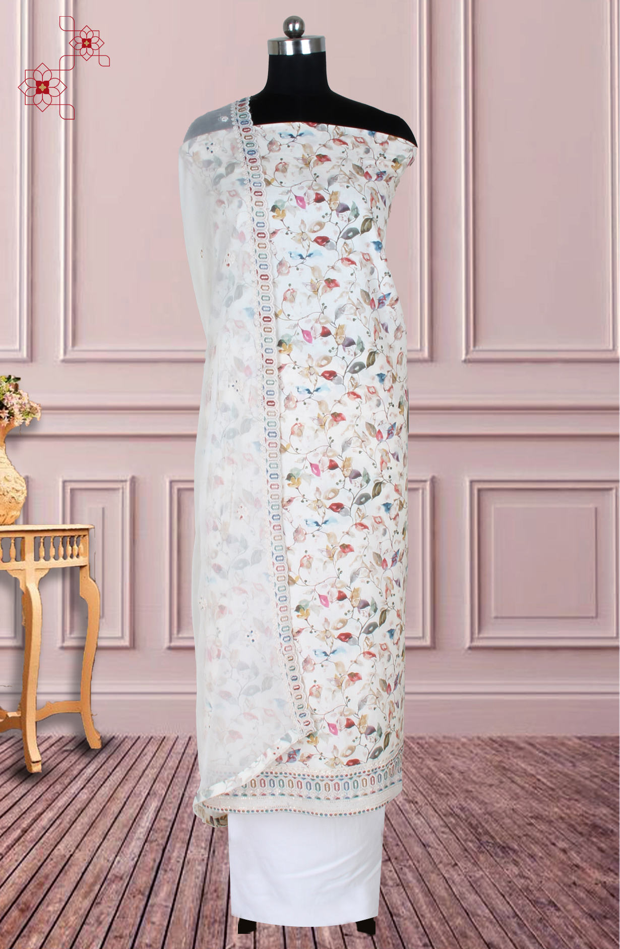 Cream Cotton Digital Printed with Embroidery Unstitched Suit with Chiffon Dupatta - 838-1622