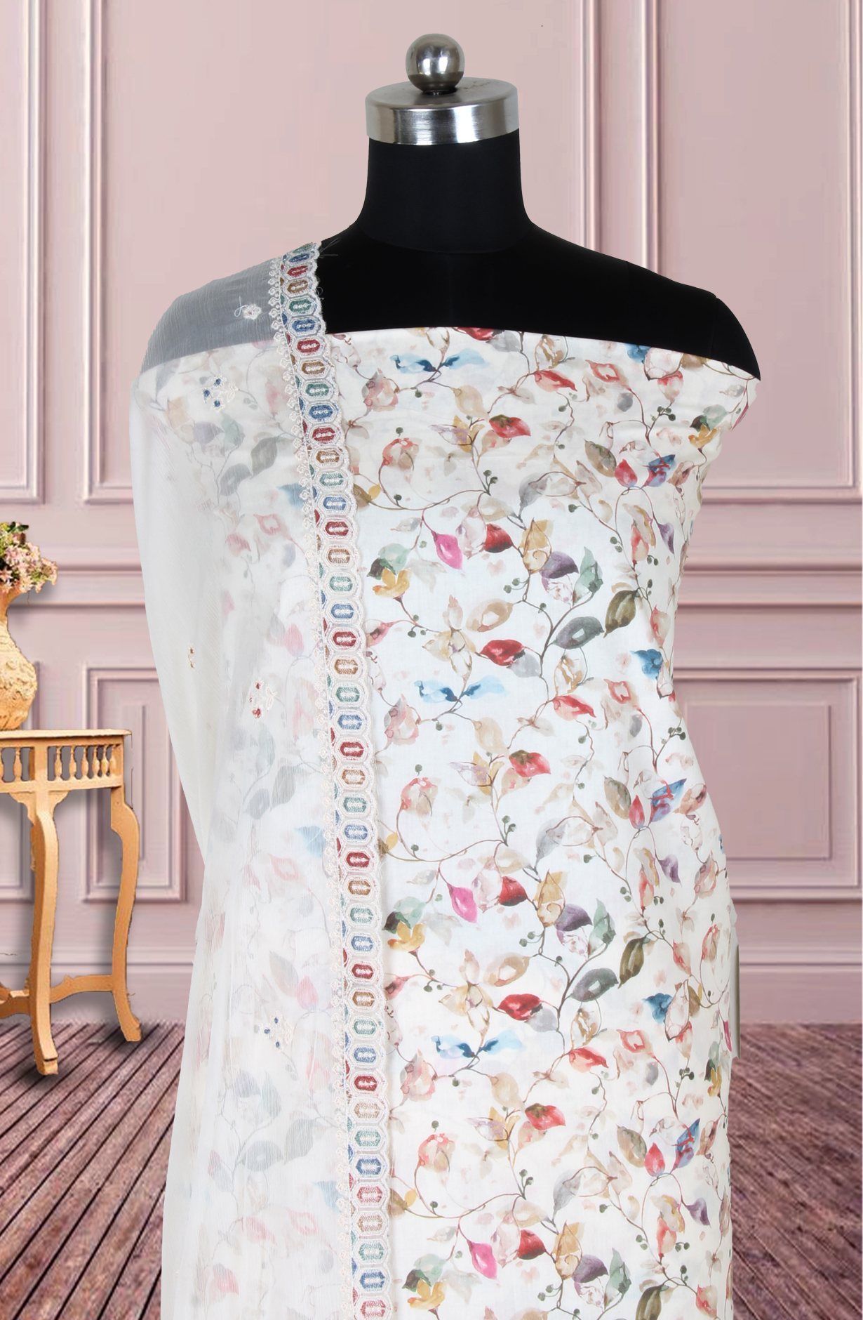 Cream Cotton Digital Printed with Embroidery Unstitched Suit with Chiffon Dupatta - 838-1622