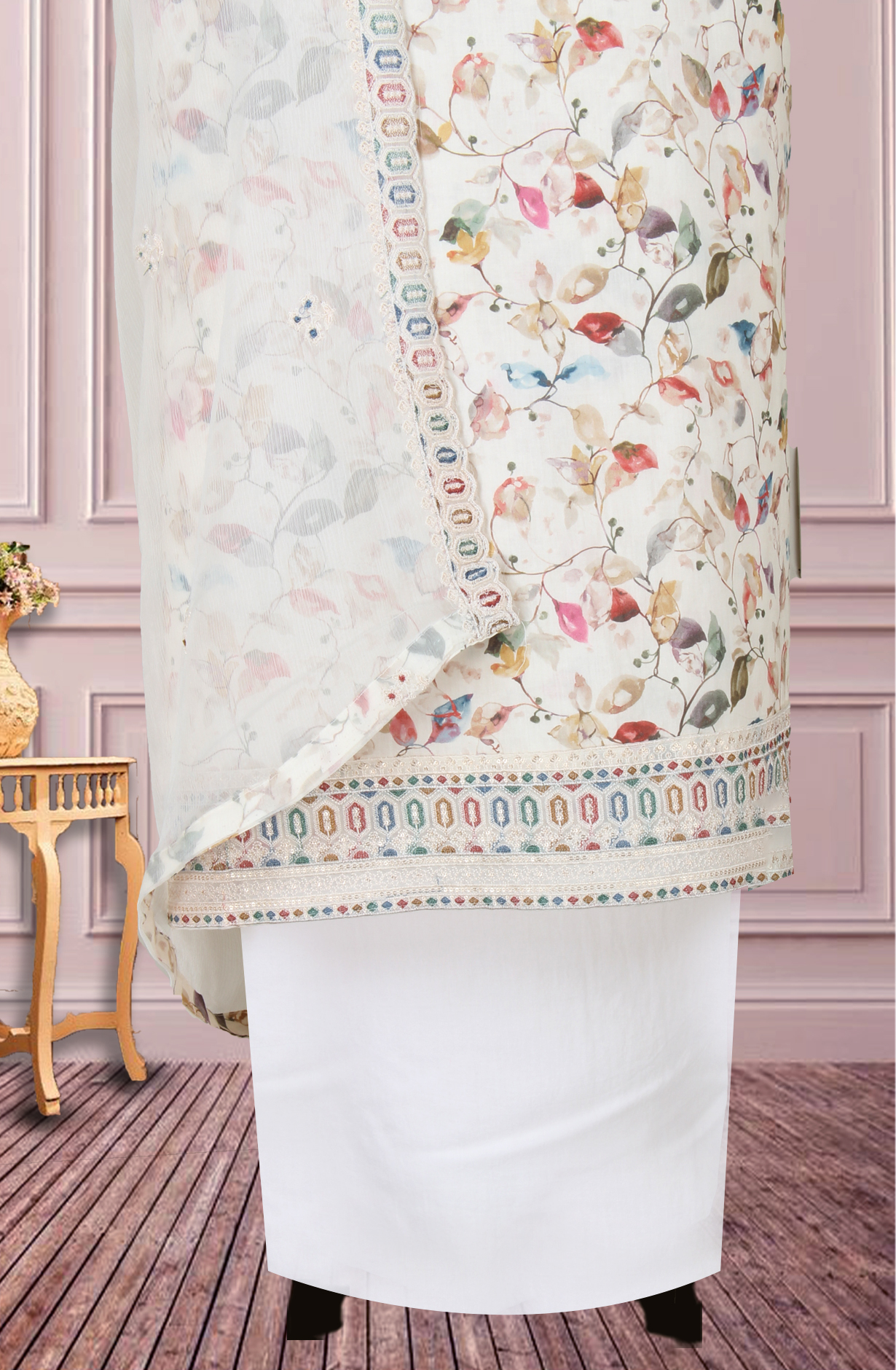 Cream Cotton Digital Printed with Embroidery Unstitched Suit with Chiffon Dupatta - 838-1622