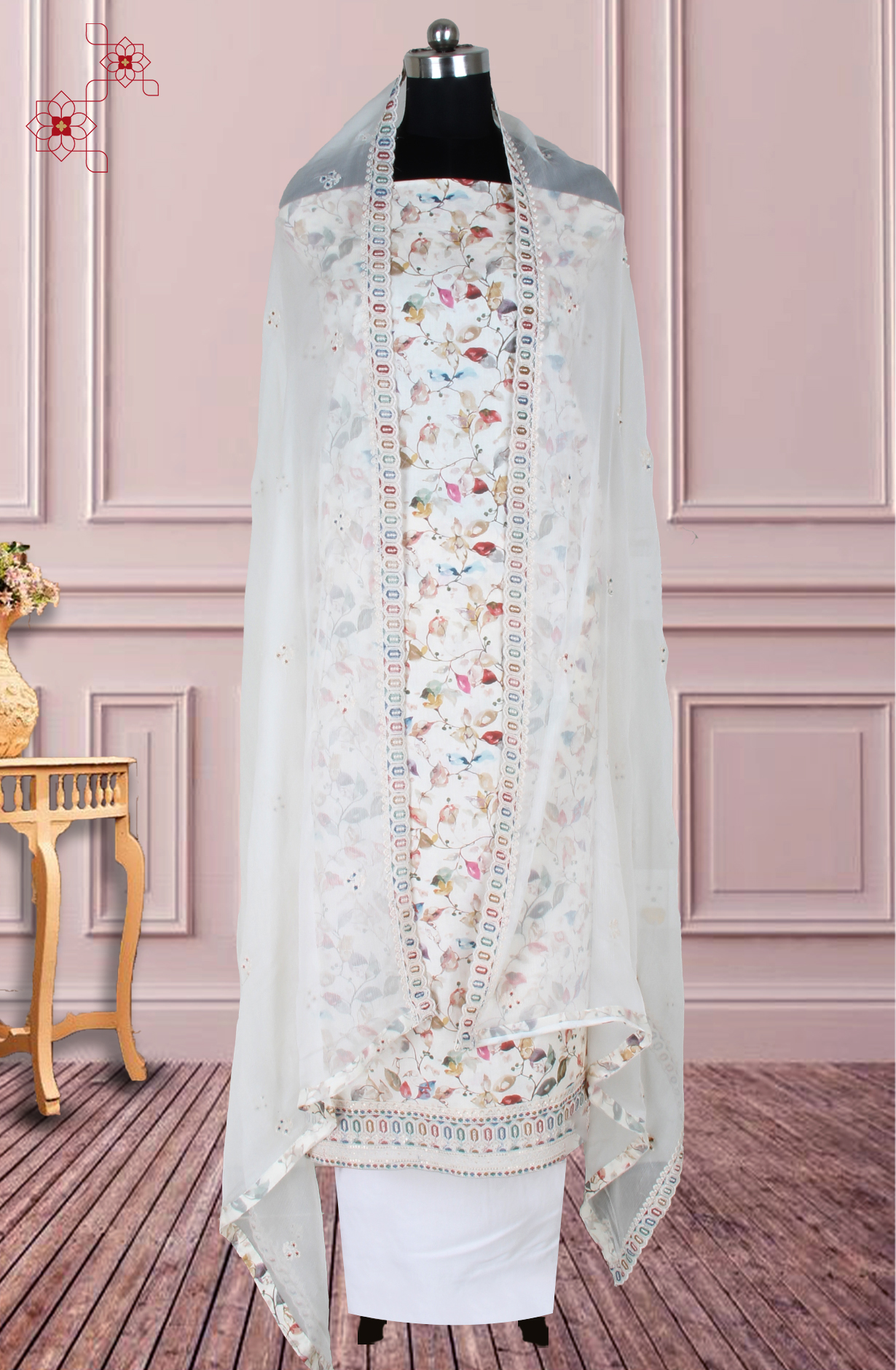 Cream Cotton Digital Printed with Embroidery Unstitched Suit with Chiffon Dupatta - 838-1622