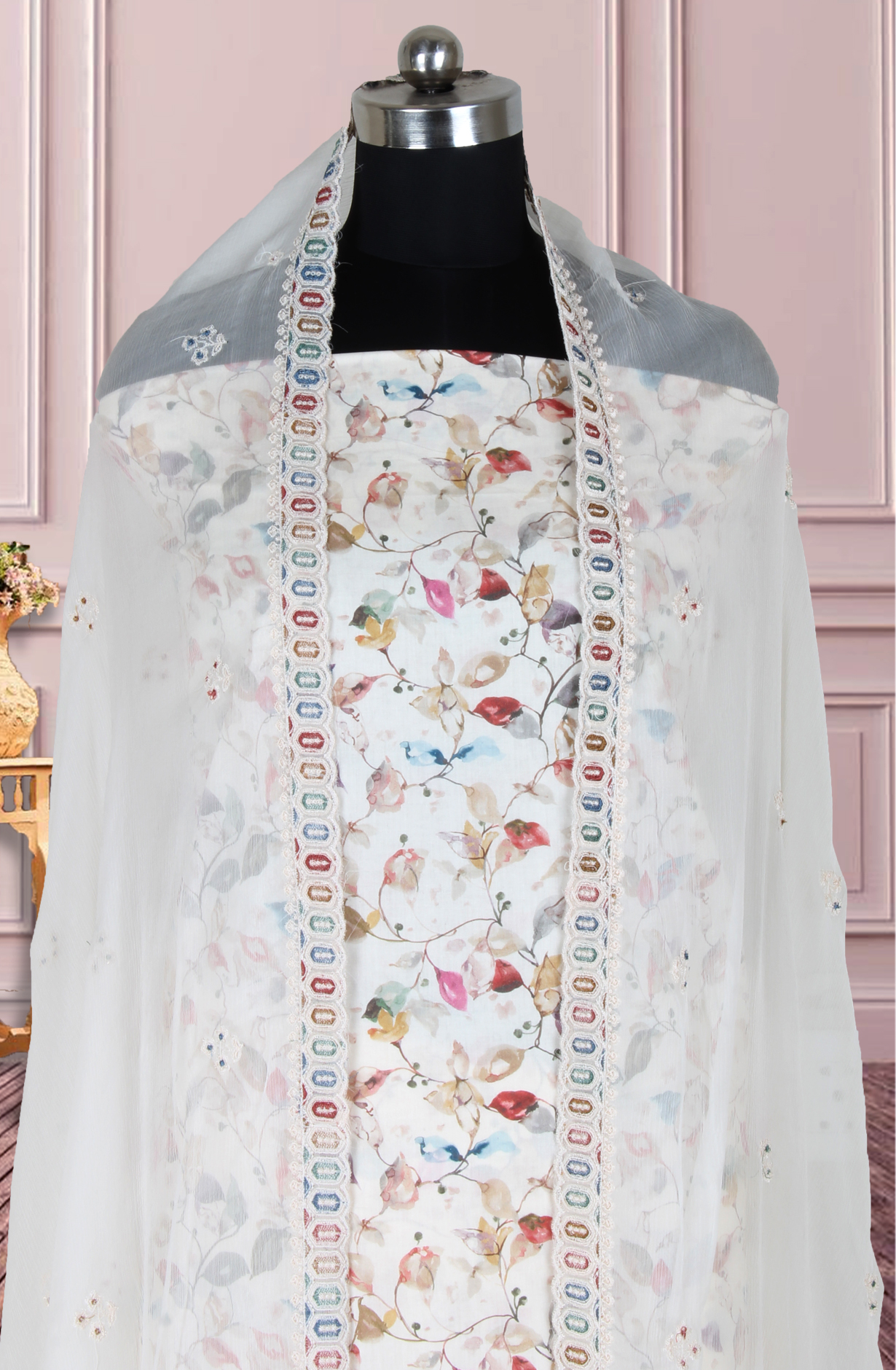 Cream Cotton Digital Printed with Embroidery Unstitched Suit with Chiffon Dupatta - 838-1622