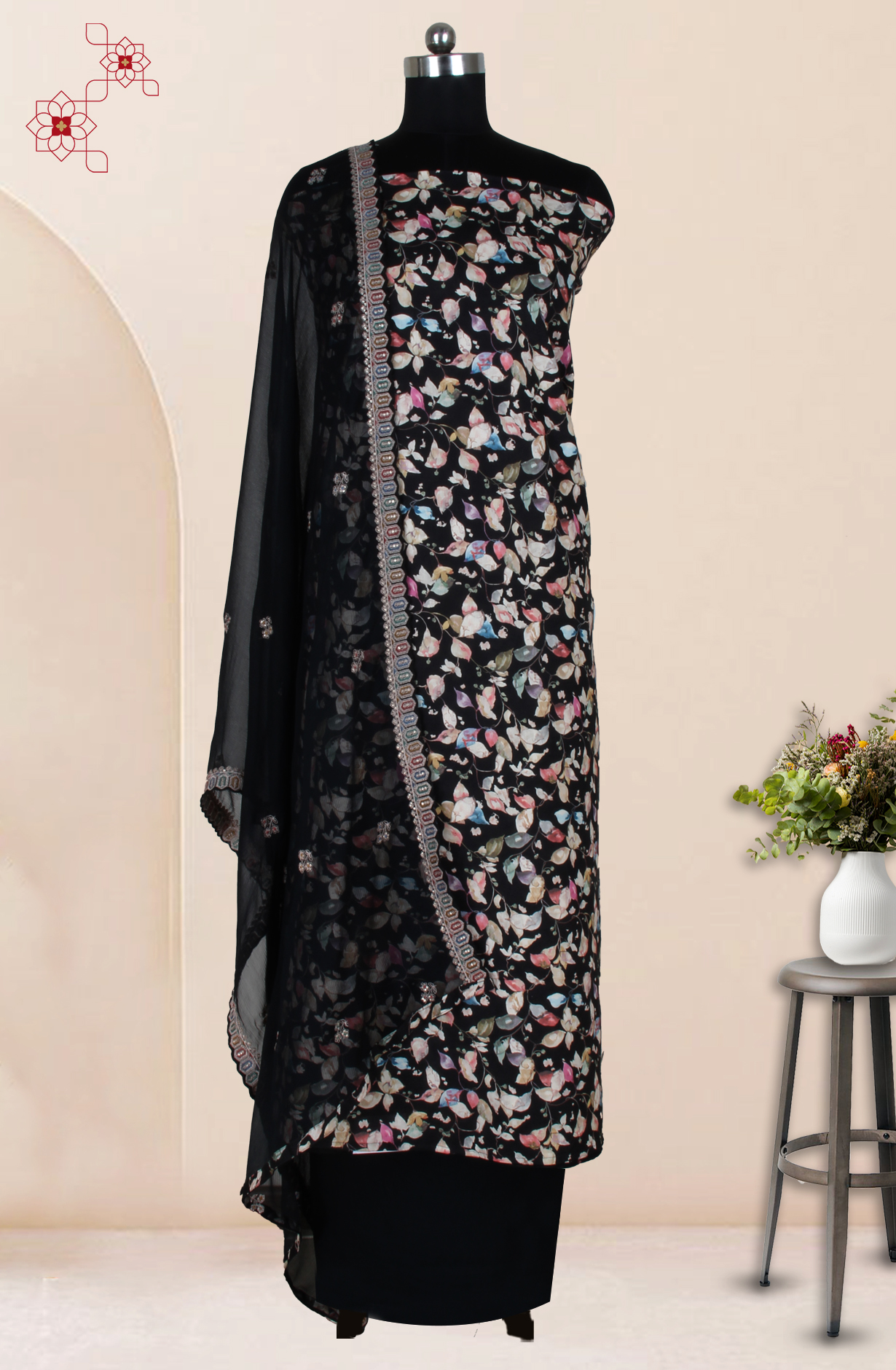 Black Cotton Digital Printed with Embroidery Unstitched Suit with Chiffon Dupatta - 838-1622A