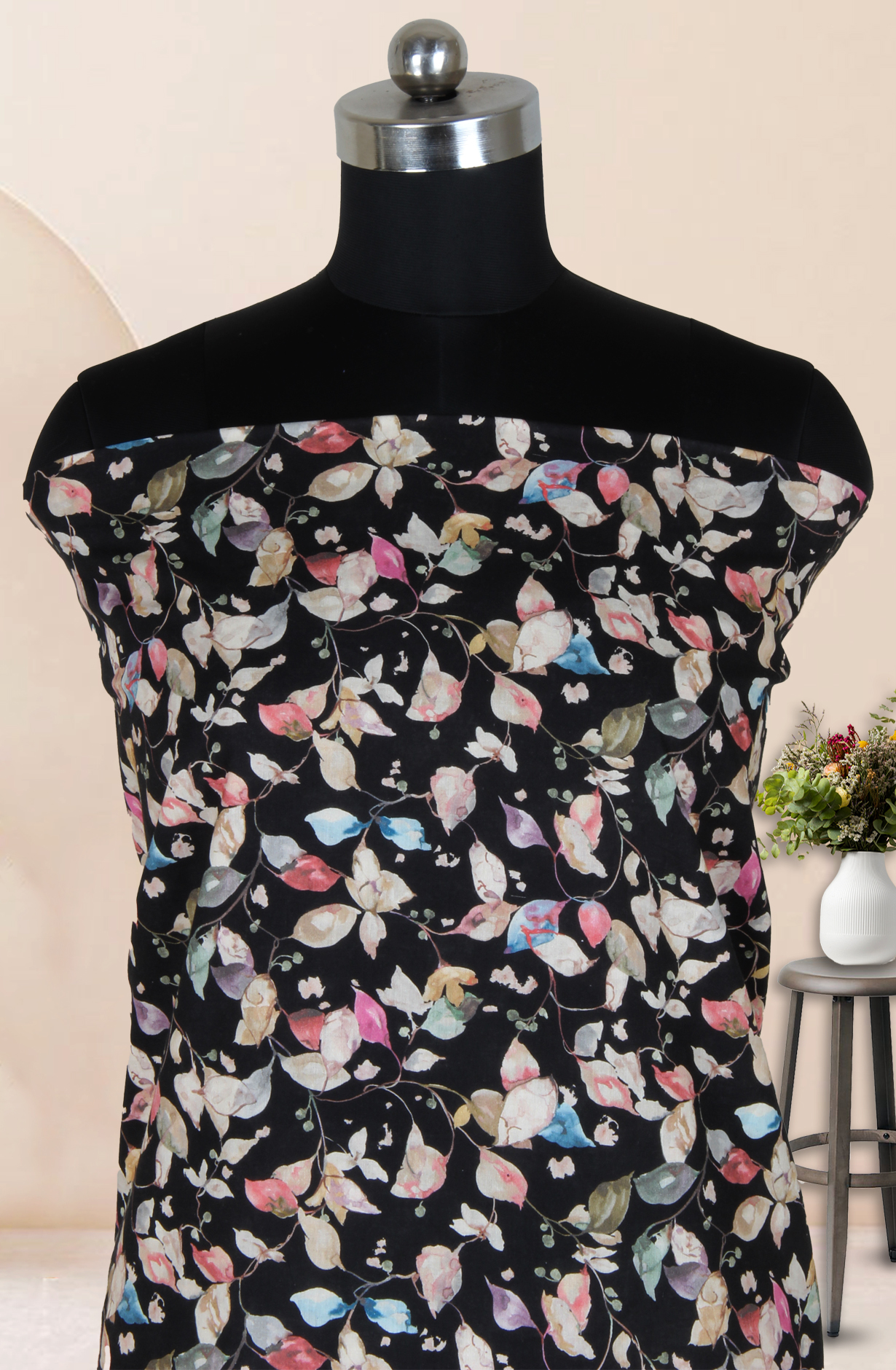 Black Cotton Digital Printed with Embroidery Unstitched Suit with Chiffon Dupatta - 838-1622A