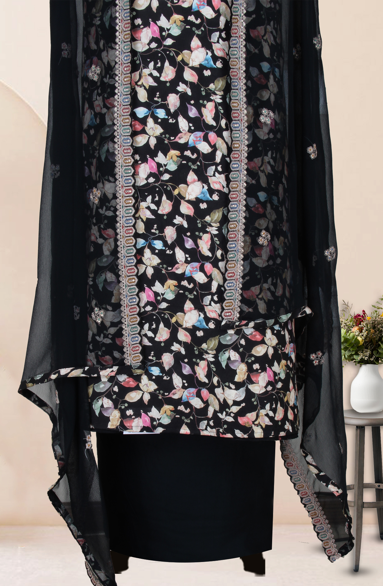 Black Cotton Digital Printed with Embroidery Unstitched Suit with Chiffon Dupatta - 838-1622A