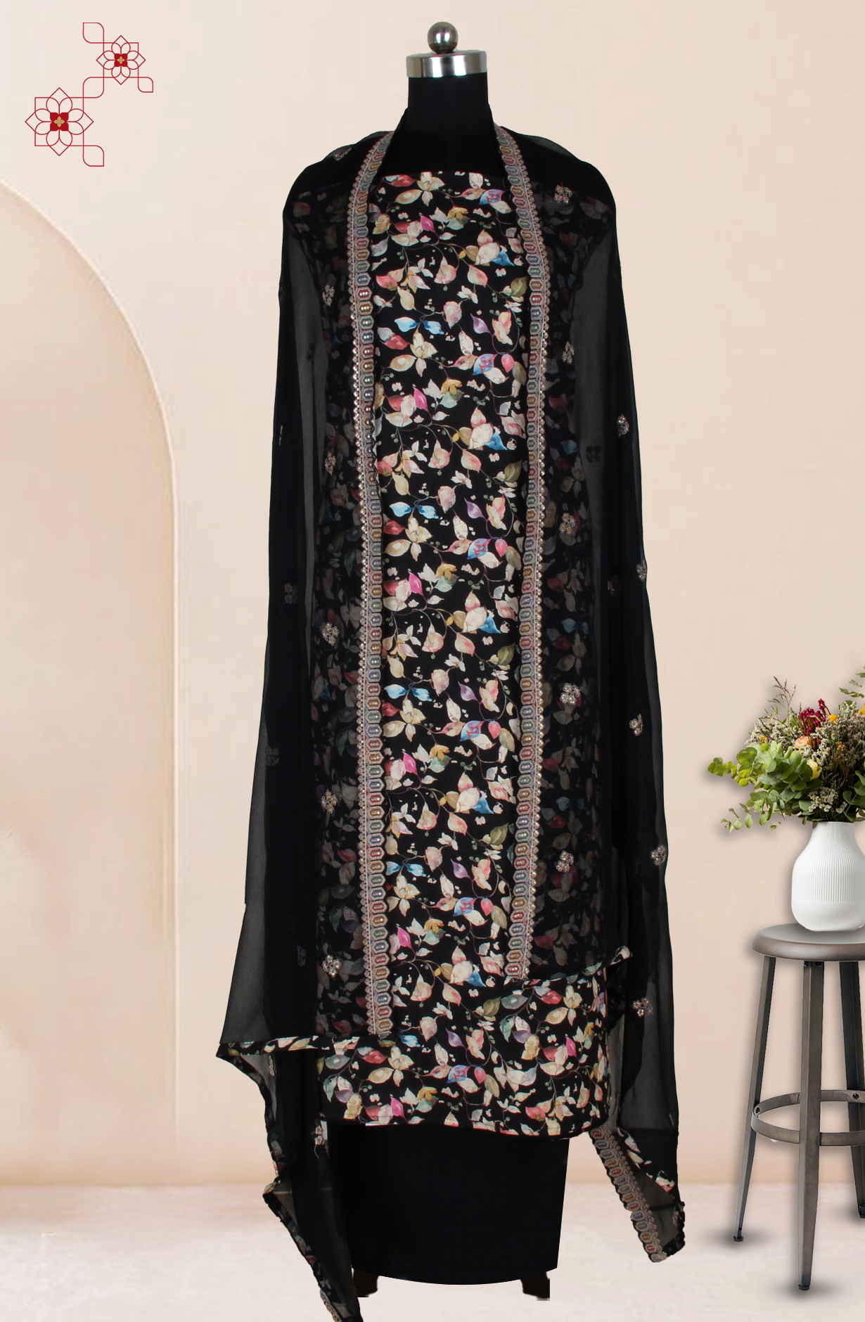 Black Cotton Digital Printed with Embroidery Unstitched Suit with Chiffon Dupatta - 838-1622A