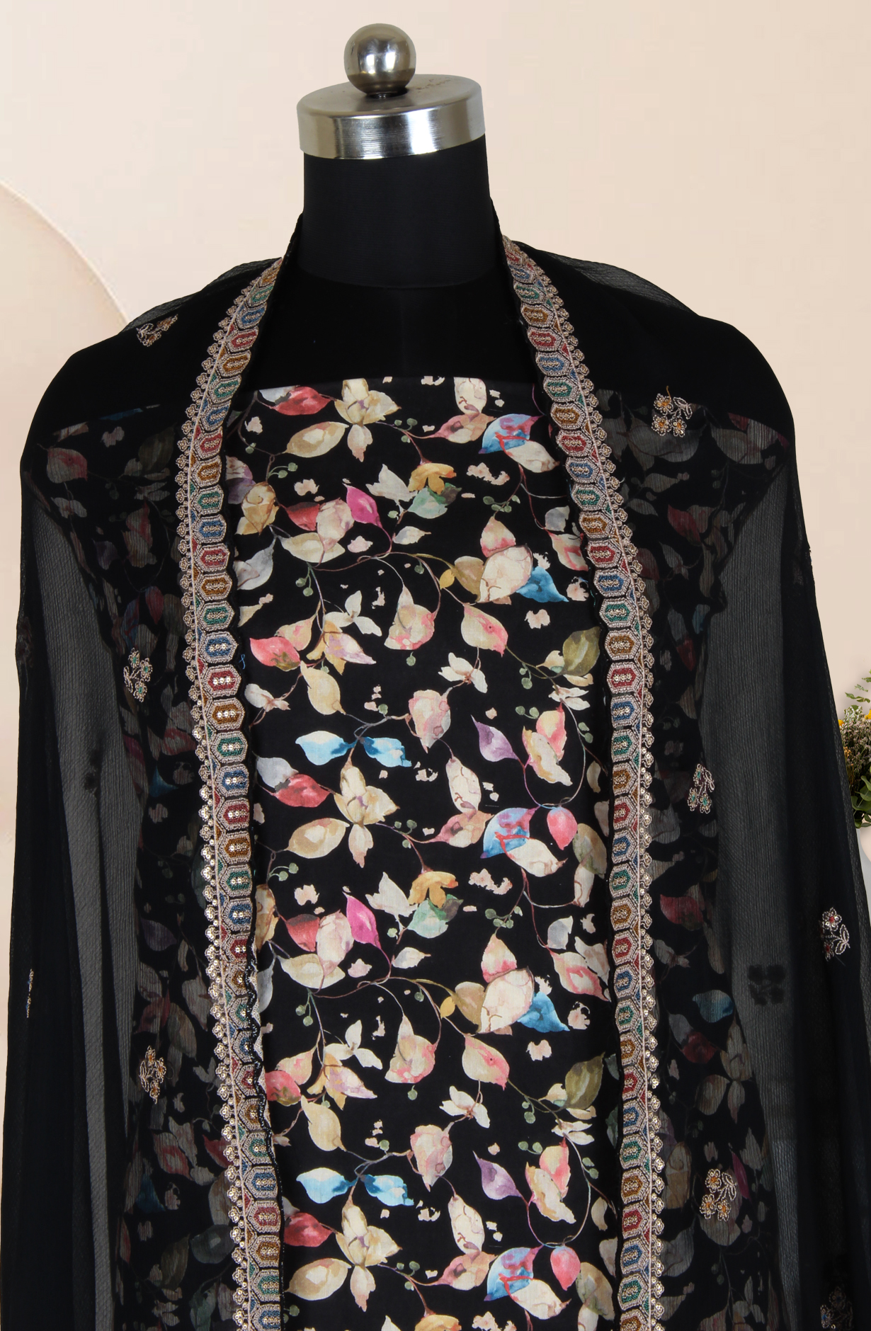 Black Cotton Digital Printed with Embroidery Unstitched Suit with Chiffon Dupatta - 838-1622A