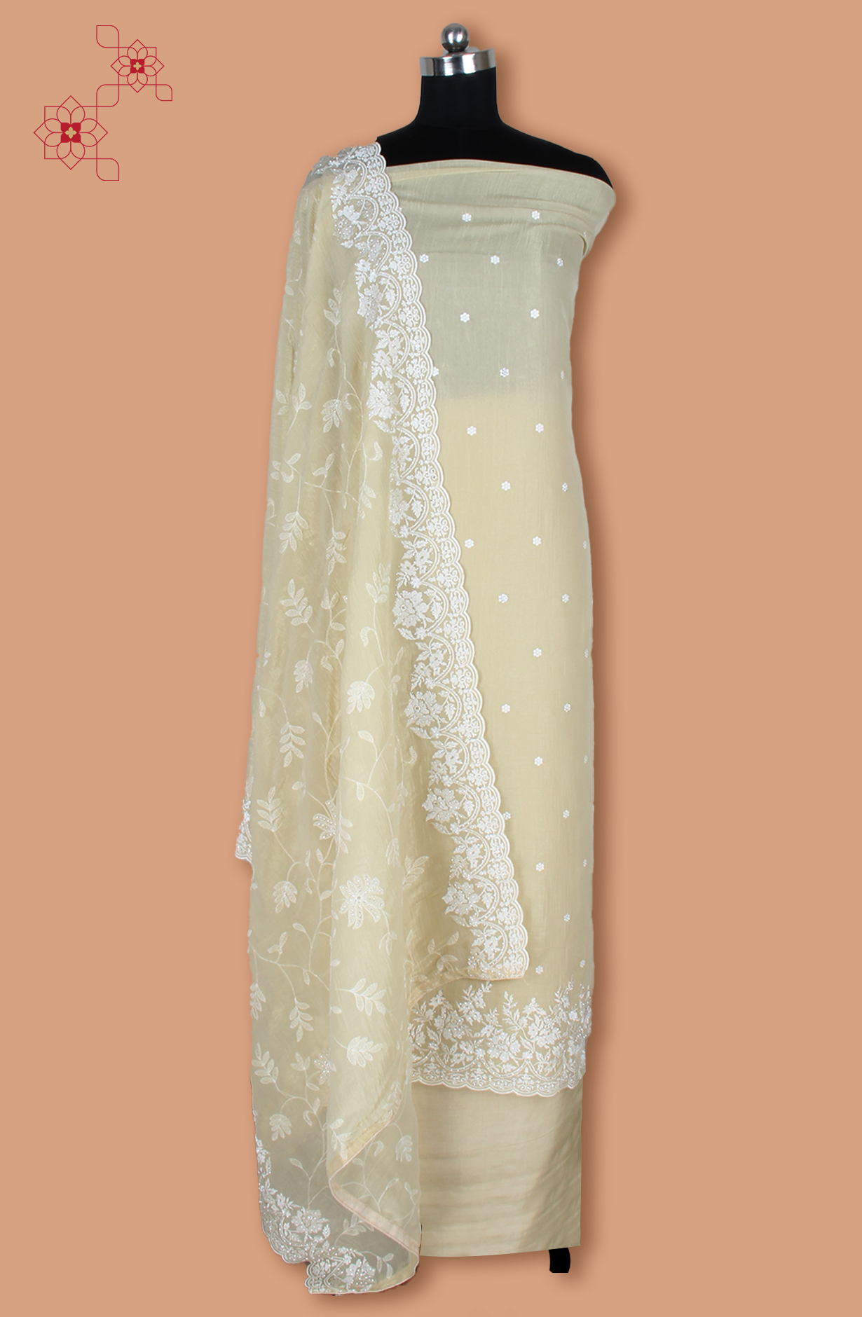 Beige Organza Partywear Embroidered Salwar Kameez with Trendy Dupatta - 838-1696C