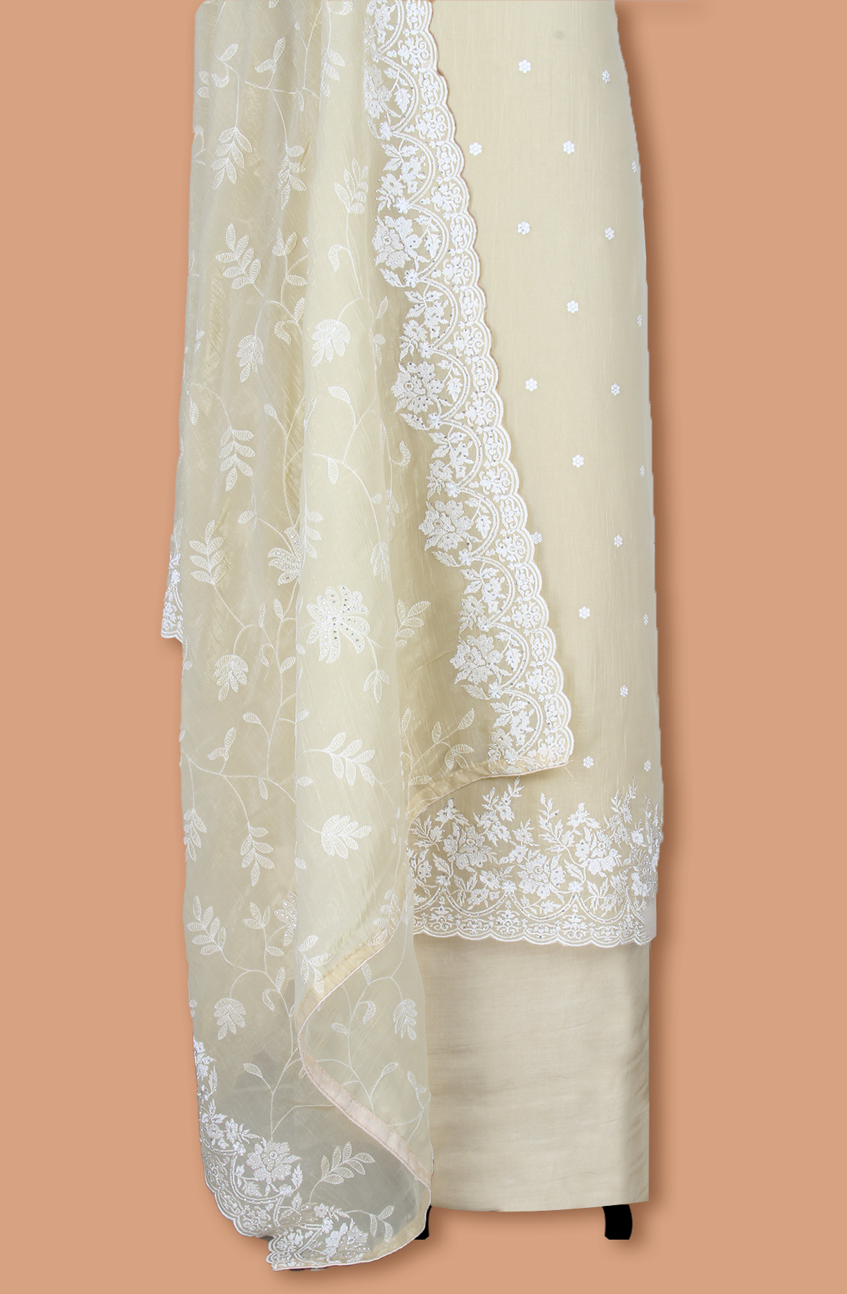 Beige Organza Partywear Embroidered Salwar Kameez with Trendy Dupatta - 838-1696C