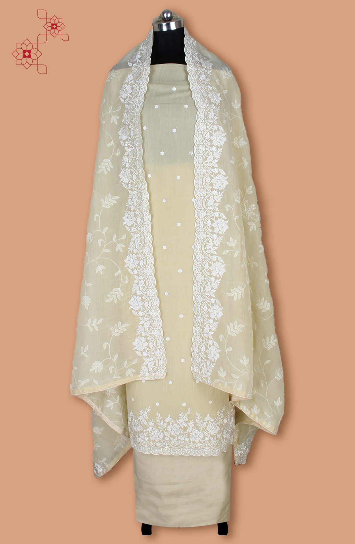 Beige Organza Partywear Embroidered Salwar Kameez with Trendy Dupatta - 838-1696C