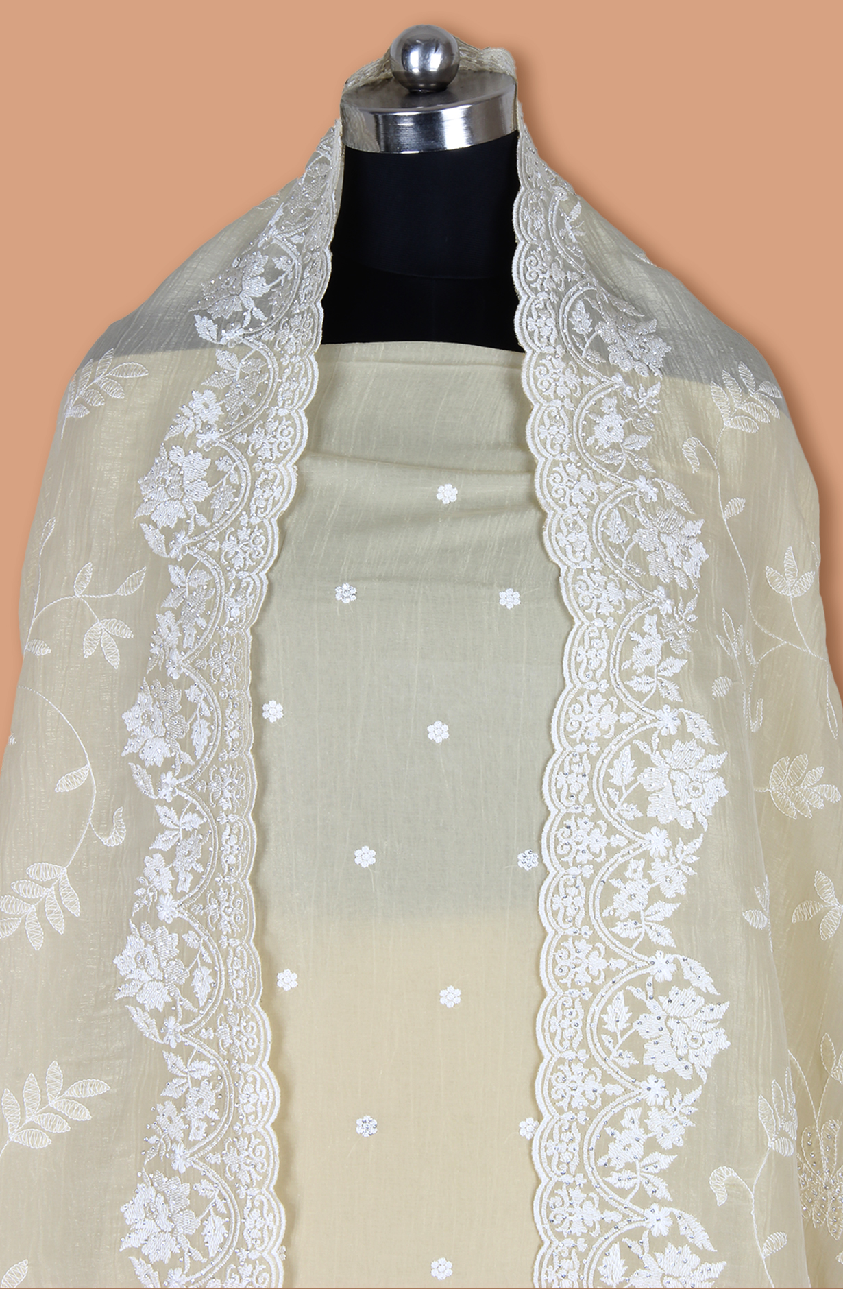 Beige Organza Partywear Embroidered Salwar Kameez with Trendy Dupatta - 838-1696C