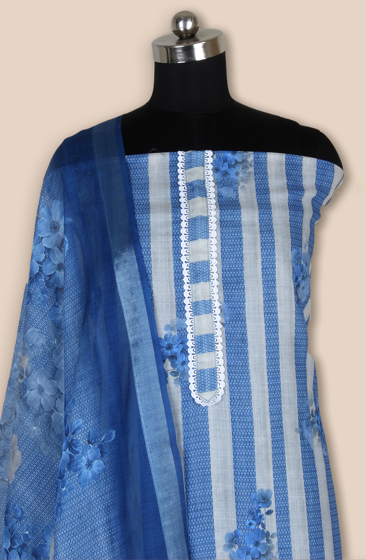 Blue Linen Digital Printed Unstitched Salwar Kameez with Lace Work - 838-1808A