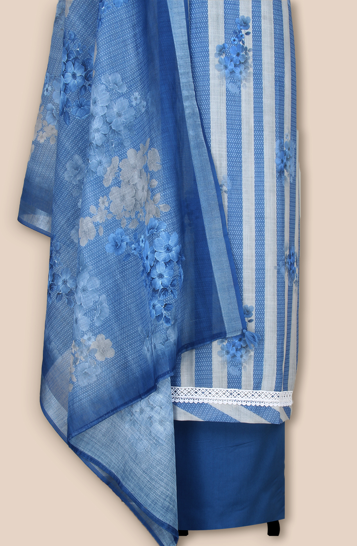 Blue Linen Digital Printed Unstitched Salwar Kameez with Lace Work - 838-1808A