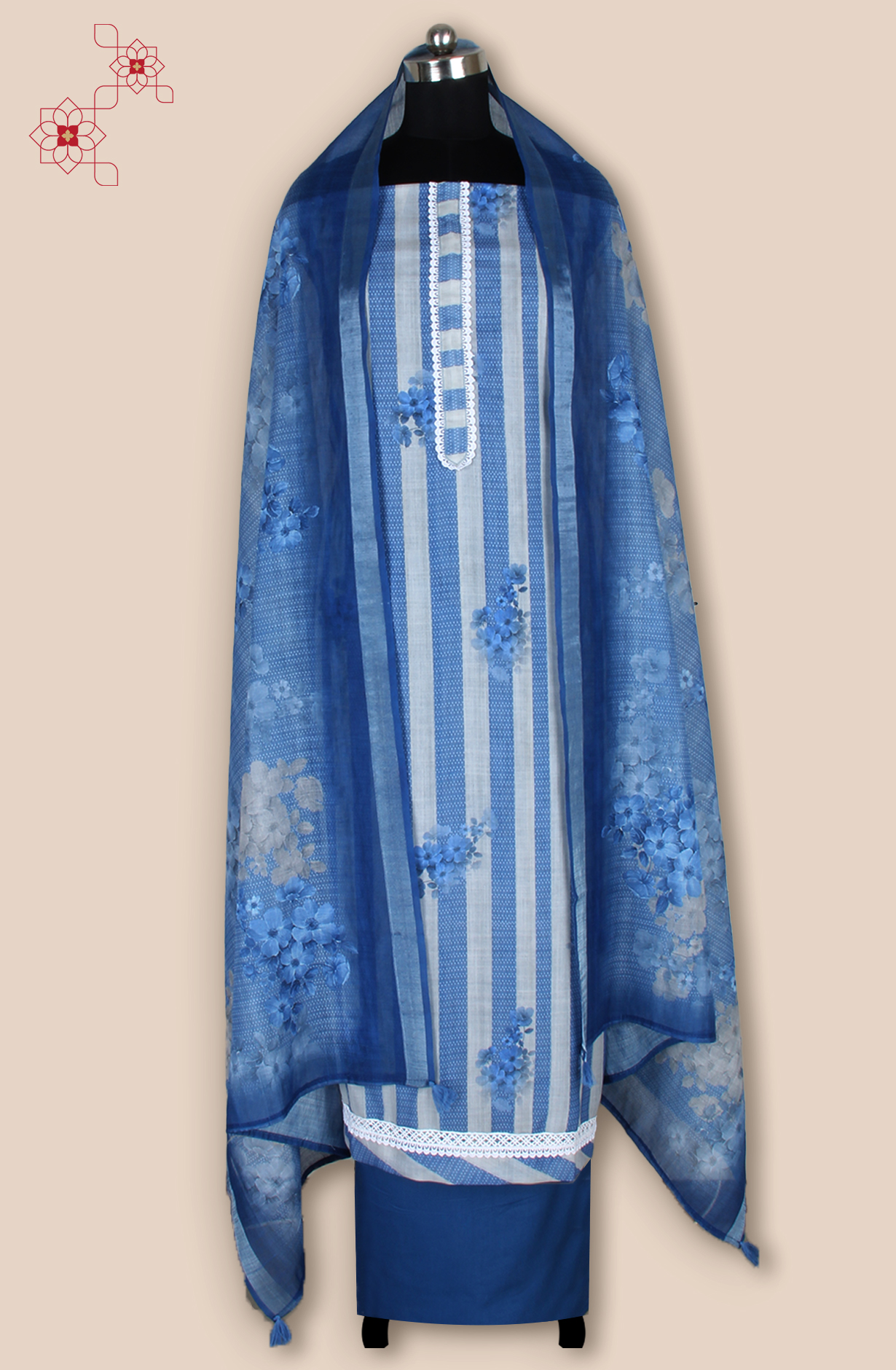 Blue Linen Digital Printed Unstitched Salwar Kameez with Lace Work - 838-1808A