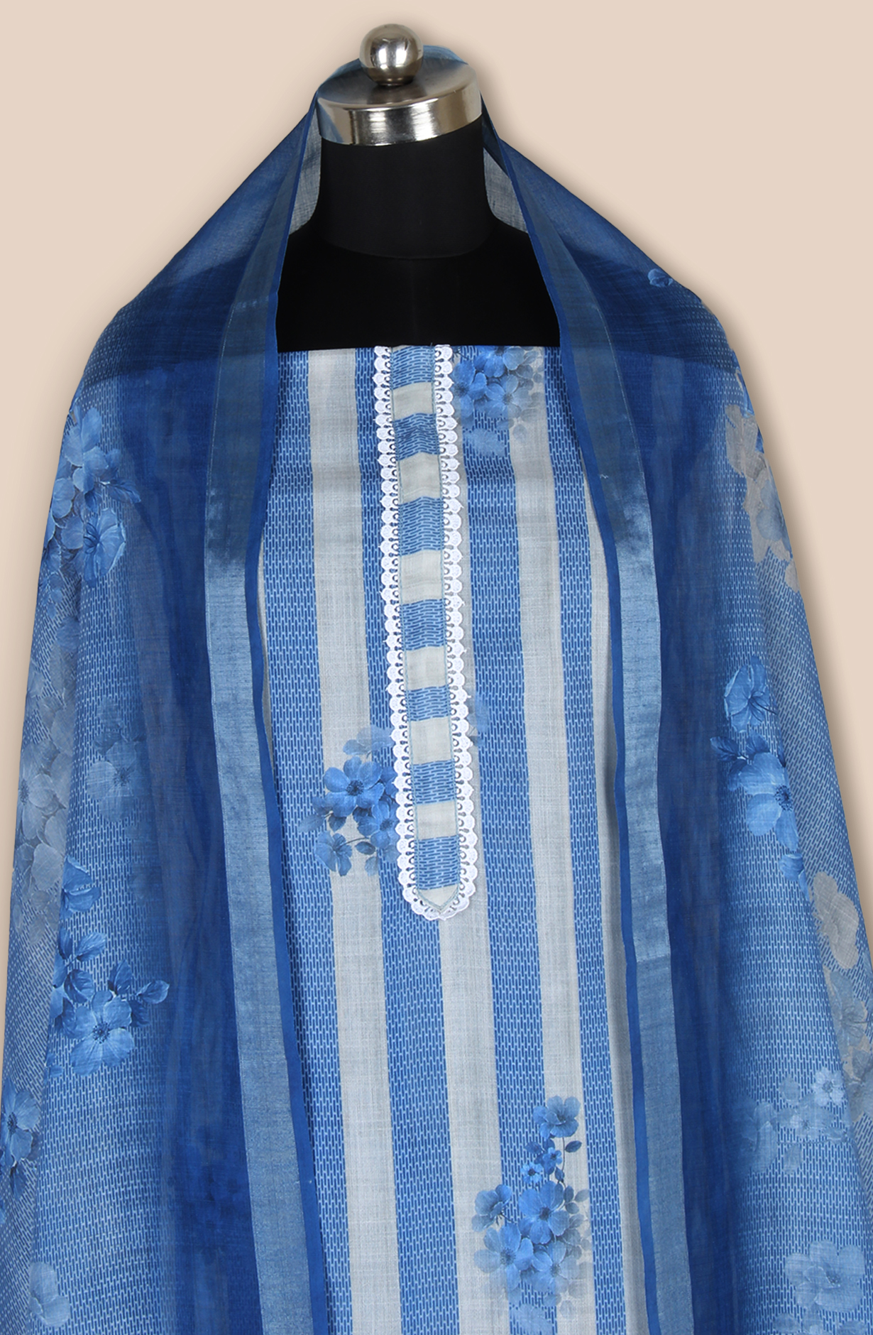 Blue Linen Digital Printed Unstitched Salwar Kameez with Lace Work - 838-1808A