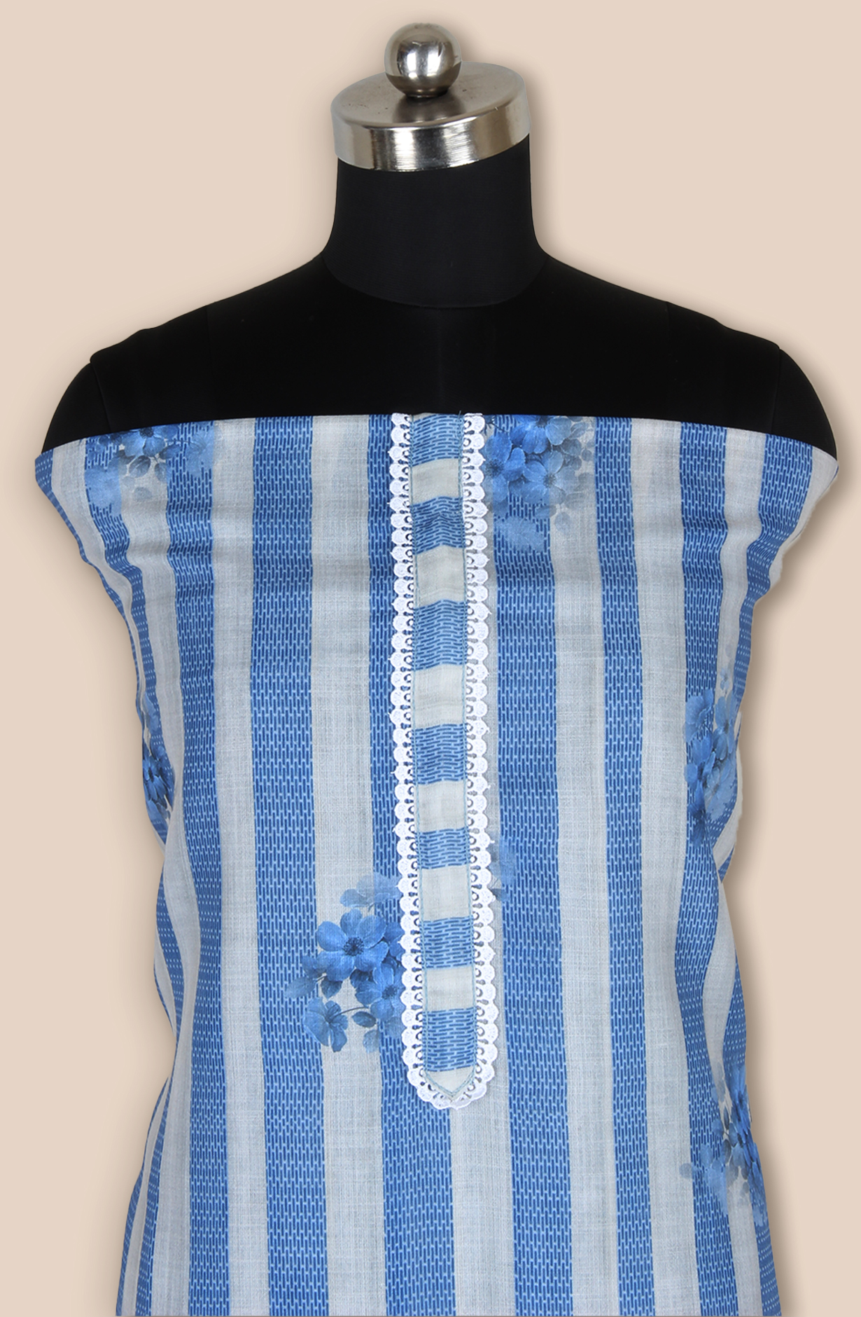 Blue Linen Digital Printed Unstitched Salwar Kameez with Lace Work - 838-1808A