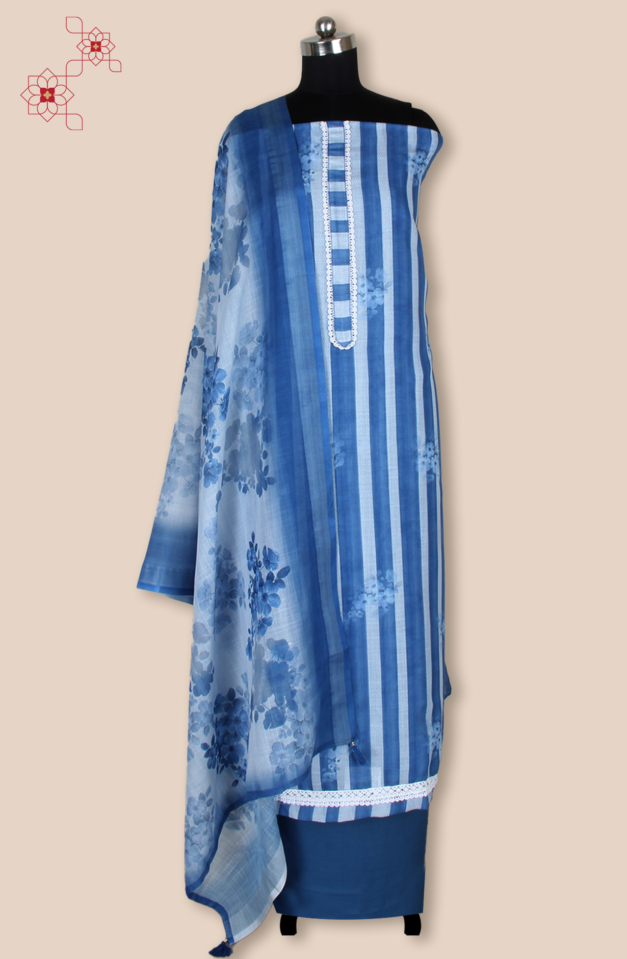 Blue Linen Digital Printed Unstitched Salwar Suit with Lace Work - 838-1808B