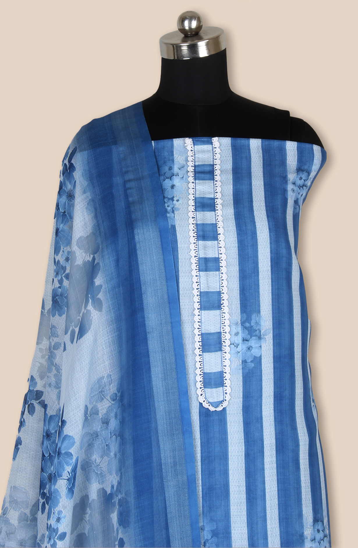 Blue Linen Digital Printed Unstitched Salwar Suit with Lace Work - 838-1808B