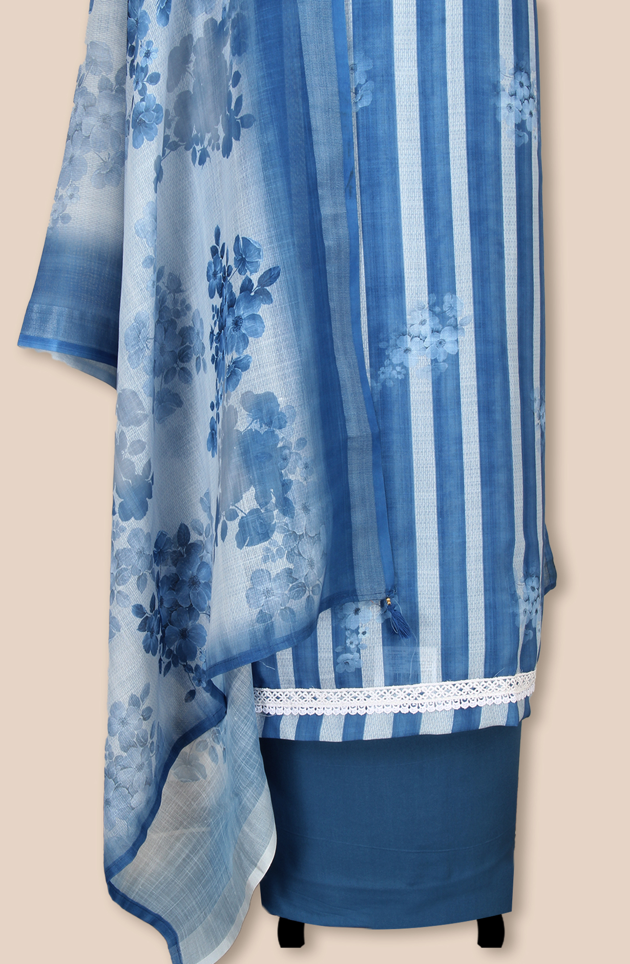 Blue Linen Digital Printed Unstitched Salwar Suit with Lace Work - 838-1808B