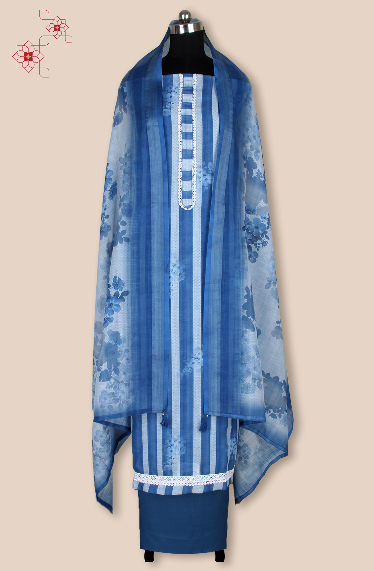 Blue Linen Digital Printed Unstitched Salwar Suit with Lace Work - 838-1808B