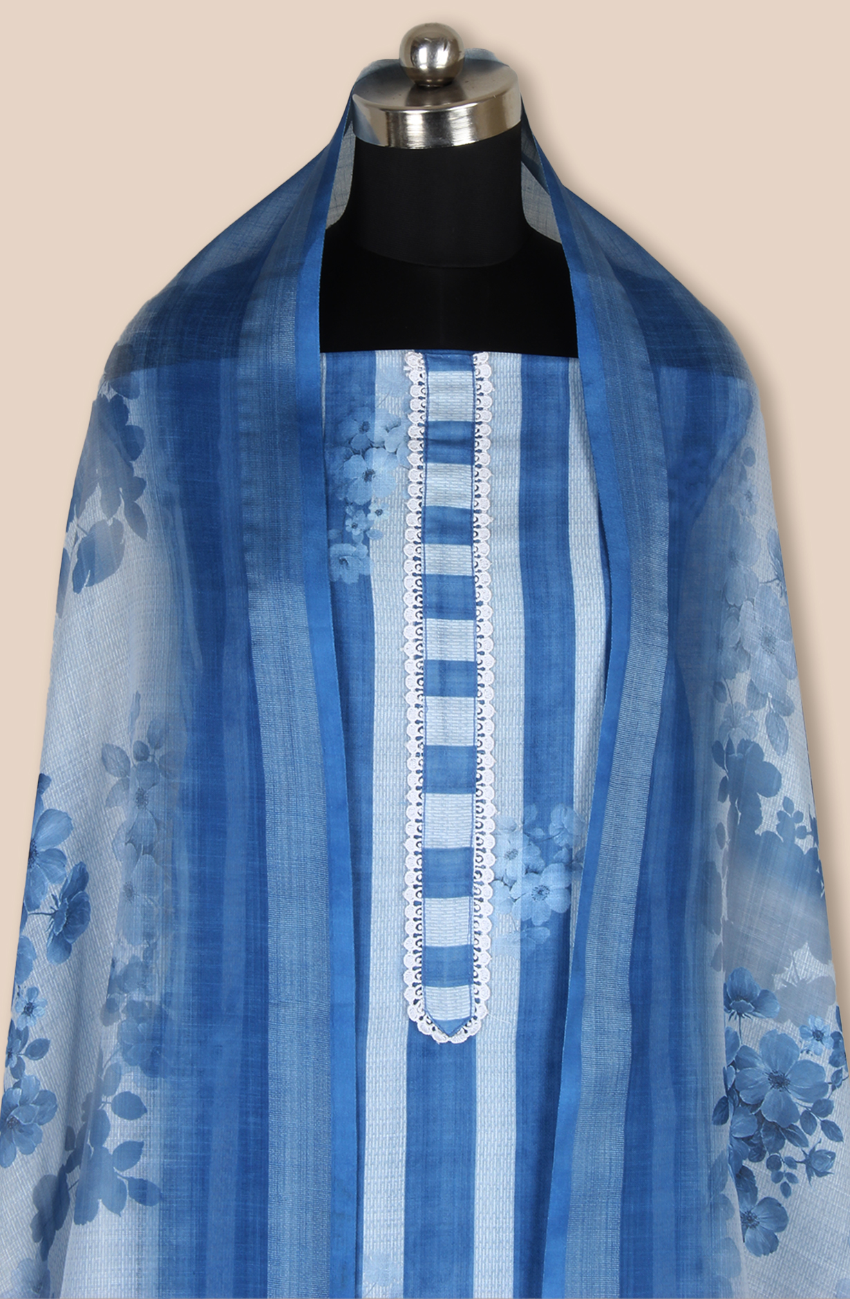 Blue Linen Digital Printed Unstitched Salwar Suit with Lace Work - 838-1808B