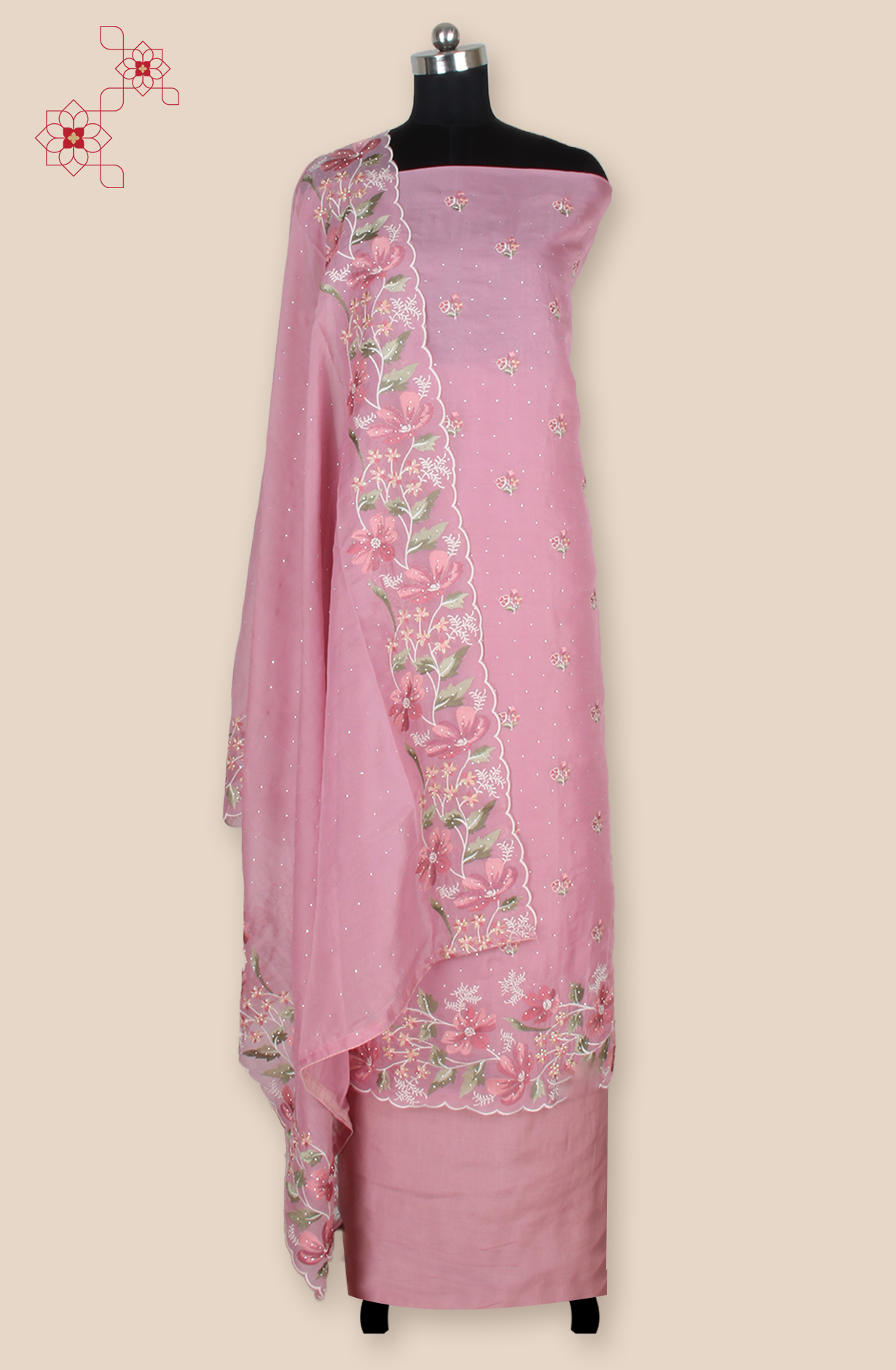Pink Organza Partywear Embroidered Salwar Kameez with Trendy Dupatta - 838-1932A