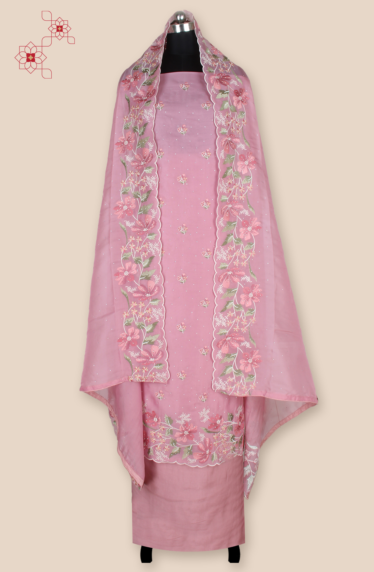 Pink Organza Partywear Embroidered Salwar Kameez with Trendy Dupatta - 838-1932A