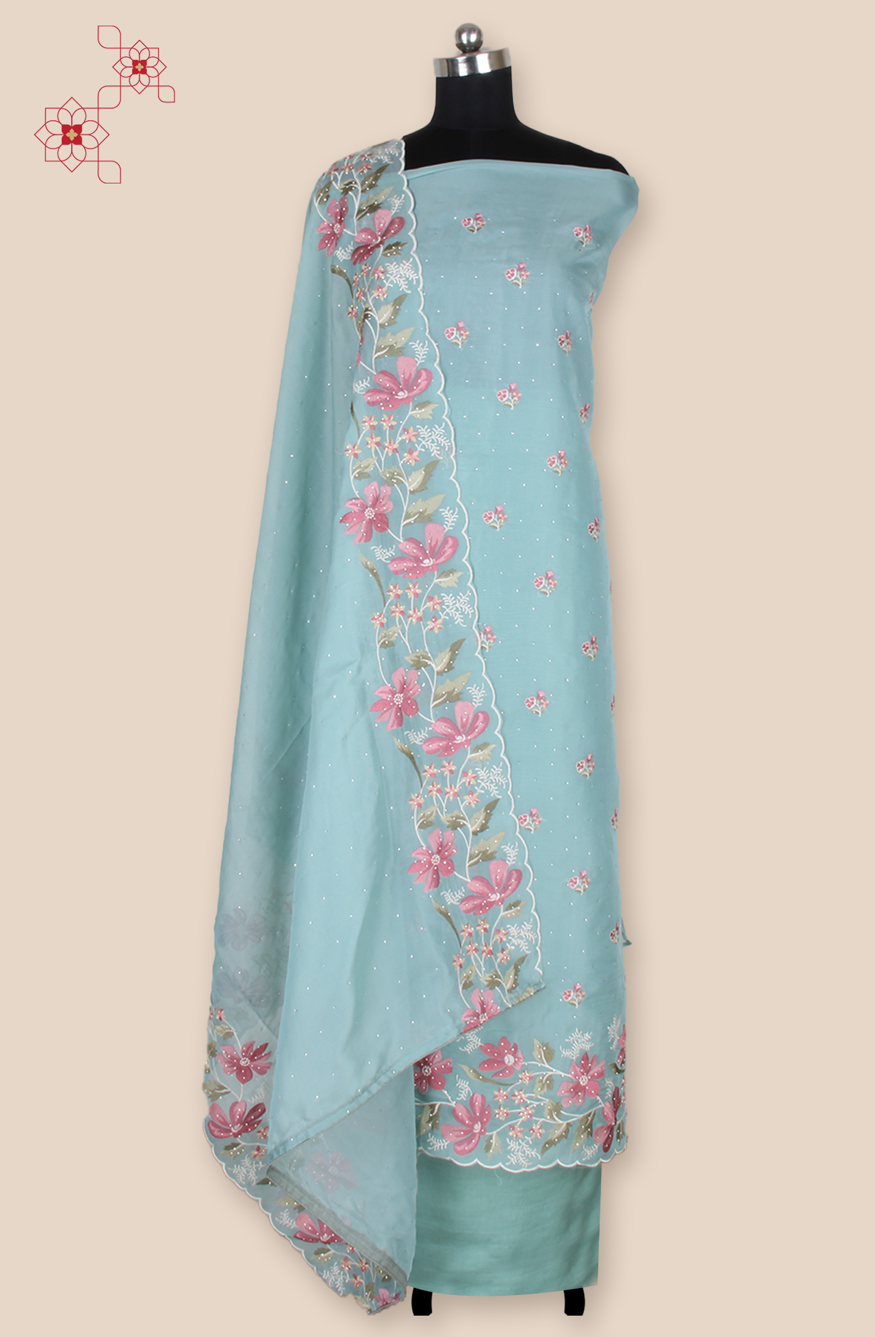 Sea Green Organza Partywear Embroidered Salwar Kameez with Trendy Dupatta - 838-1932D