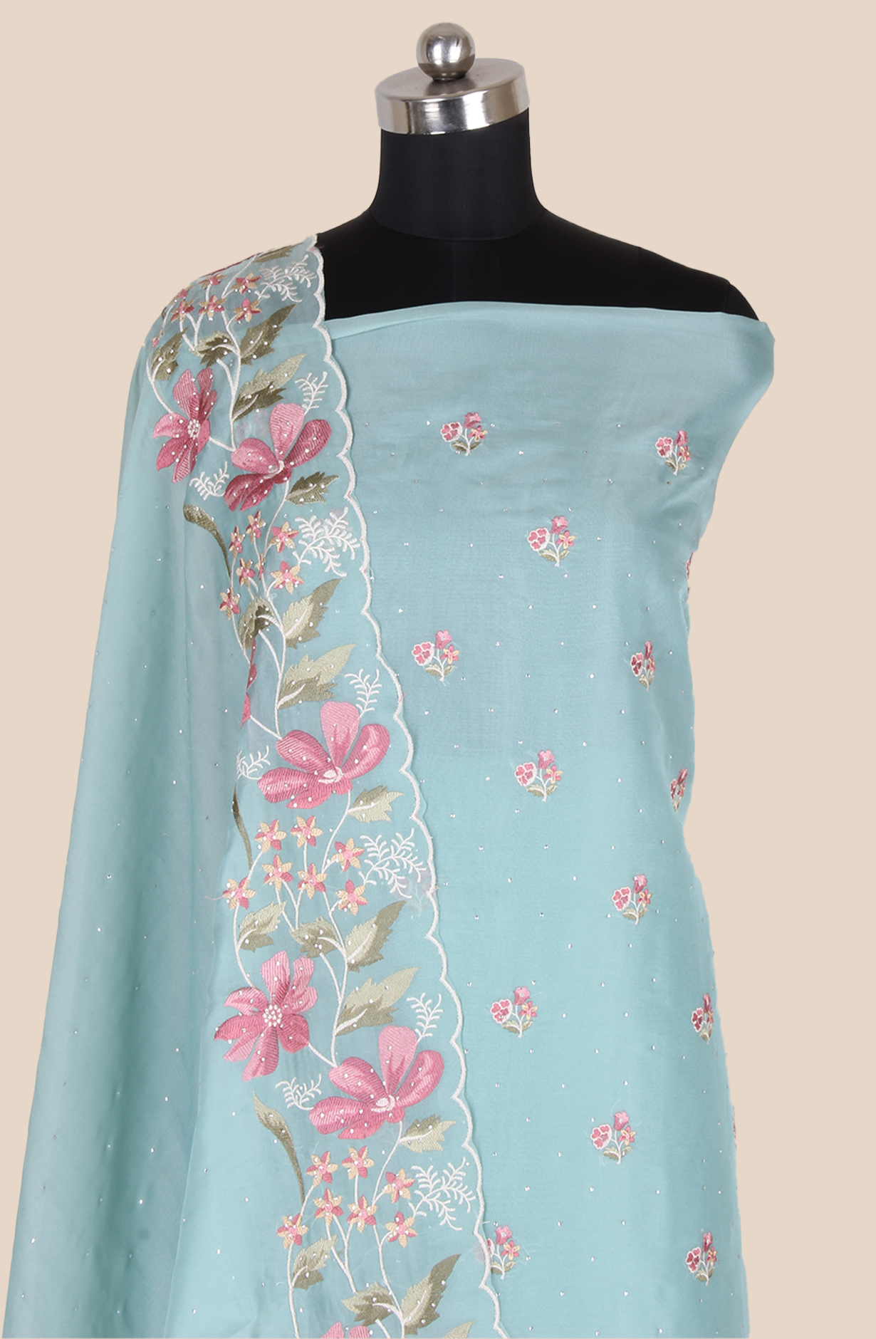 Sea Green Organza Partywear Embroidered Salwar Kameez with Trendy Dupatta - 838-1932D