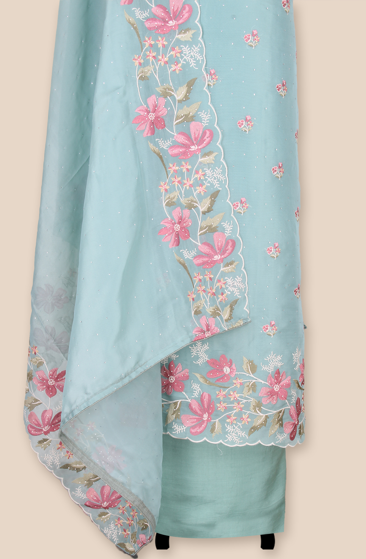 Sea Green Organza Partywear Embroidered Salwar Kameez with Trendy Dupatta - 838-1932D