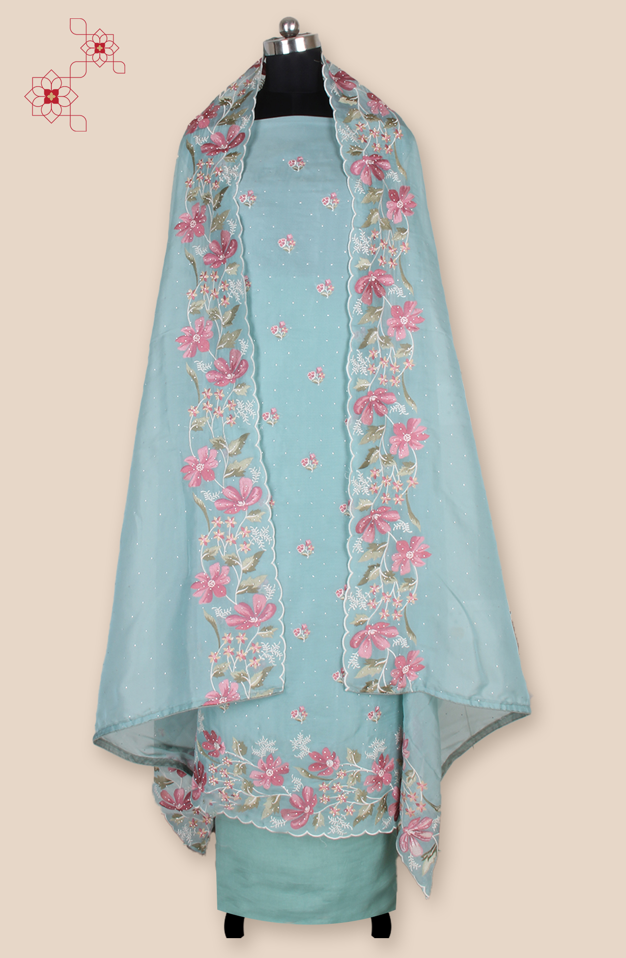 Sea Green Organza Partywear Embroidered Salwar Kameez with Trendy Dupatta - 838-1932D