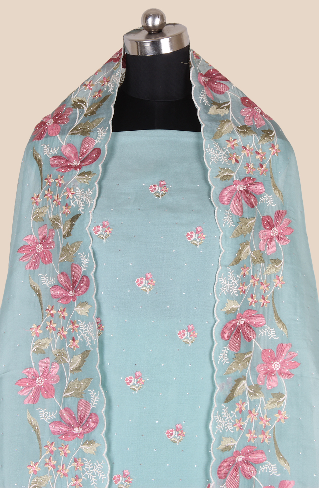 Sea Green Organza Partywear Embroidered Salwar Kameez with Trendy Dupatta - 838-1932D